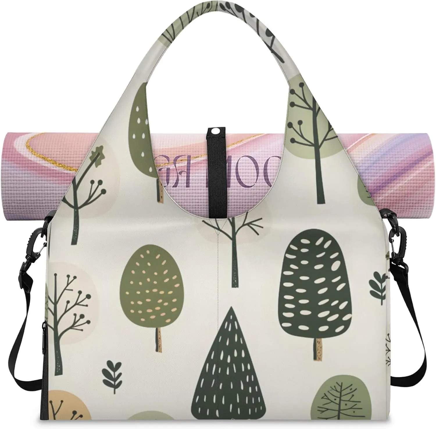 Gym Bag for Women Cute Trees Print Duffel Bag with Shoe Compartment and Yoga Mat Holder Portable Weekender Bags Travel Tote Bags