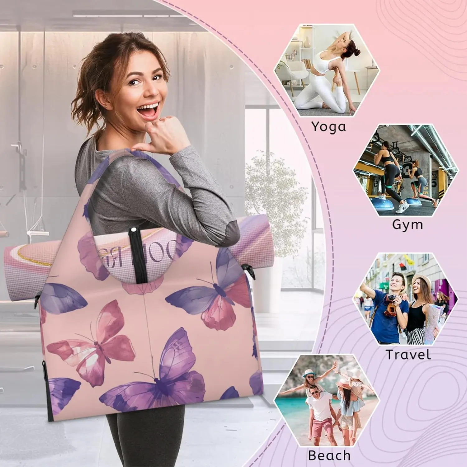 Gym Bag for Women Dancing Butterflies Duffel Bag with Shoe Compartment and Yoga Mat Holder Portable Weekender Bags Travel Tote Bags