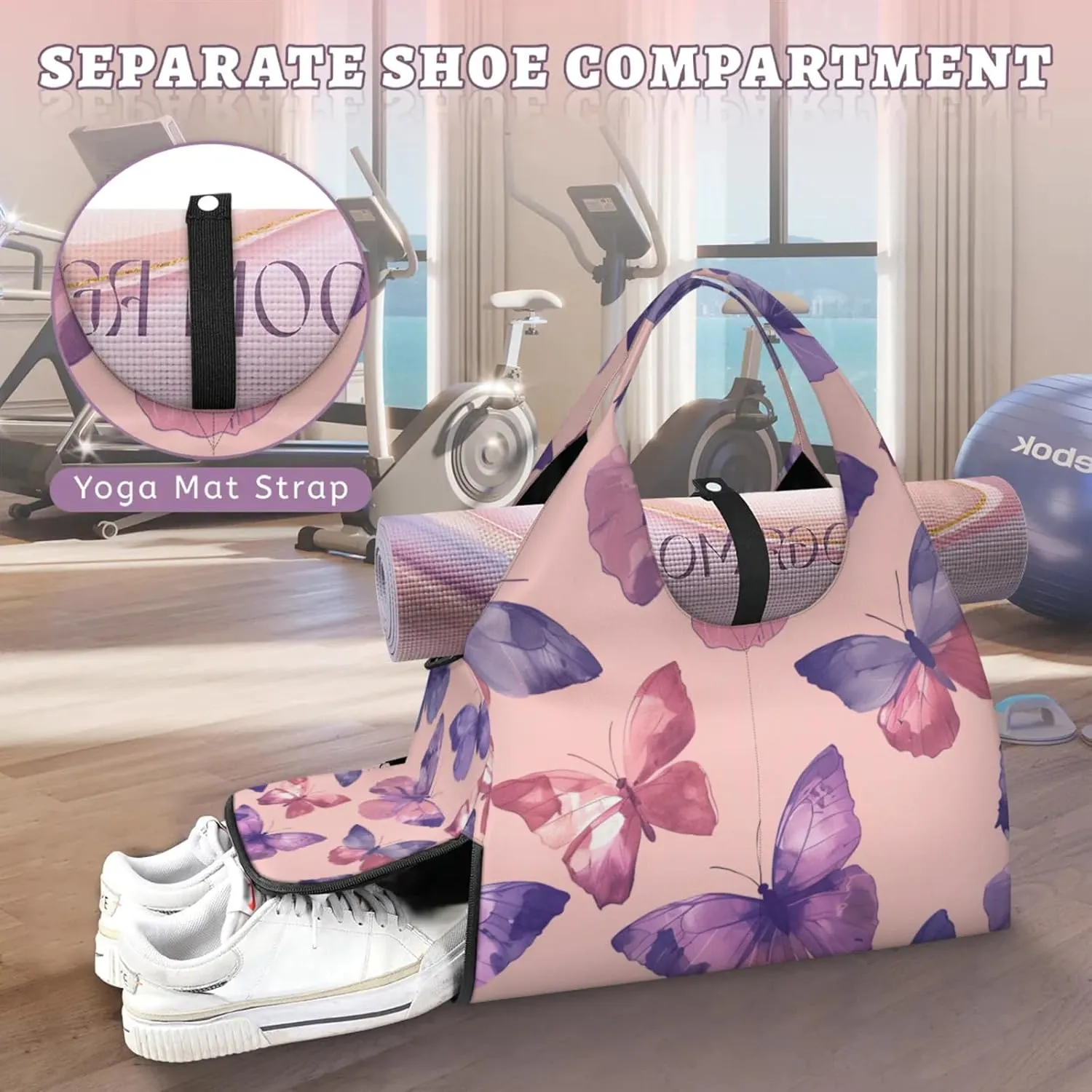 Gym Bag for Women Dancing Butterflies Duffel Bag with Shoe Compartment and Yoga Mat Holder Portable Weekender Bags Travel Tote Bags