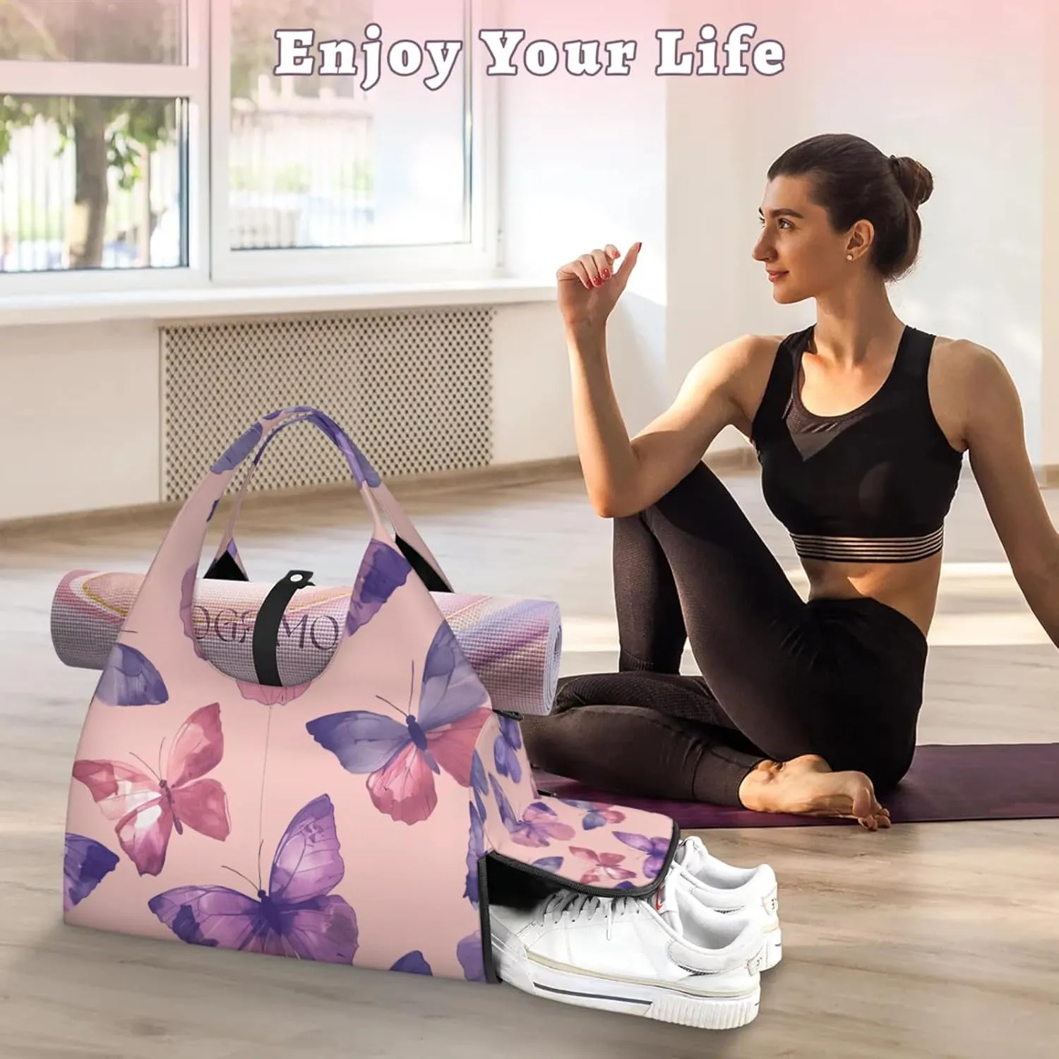 Gym Bag for Women Dancing Butterflies Duffel Bag with Shoe Compartment and Yoga Mat Holder Portable Weekender Bags Travel Tote Bags