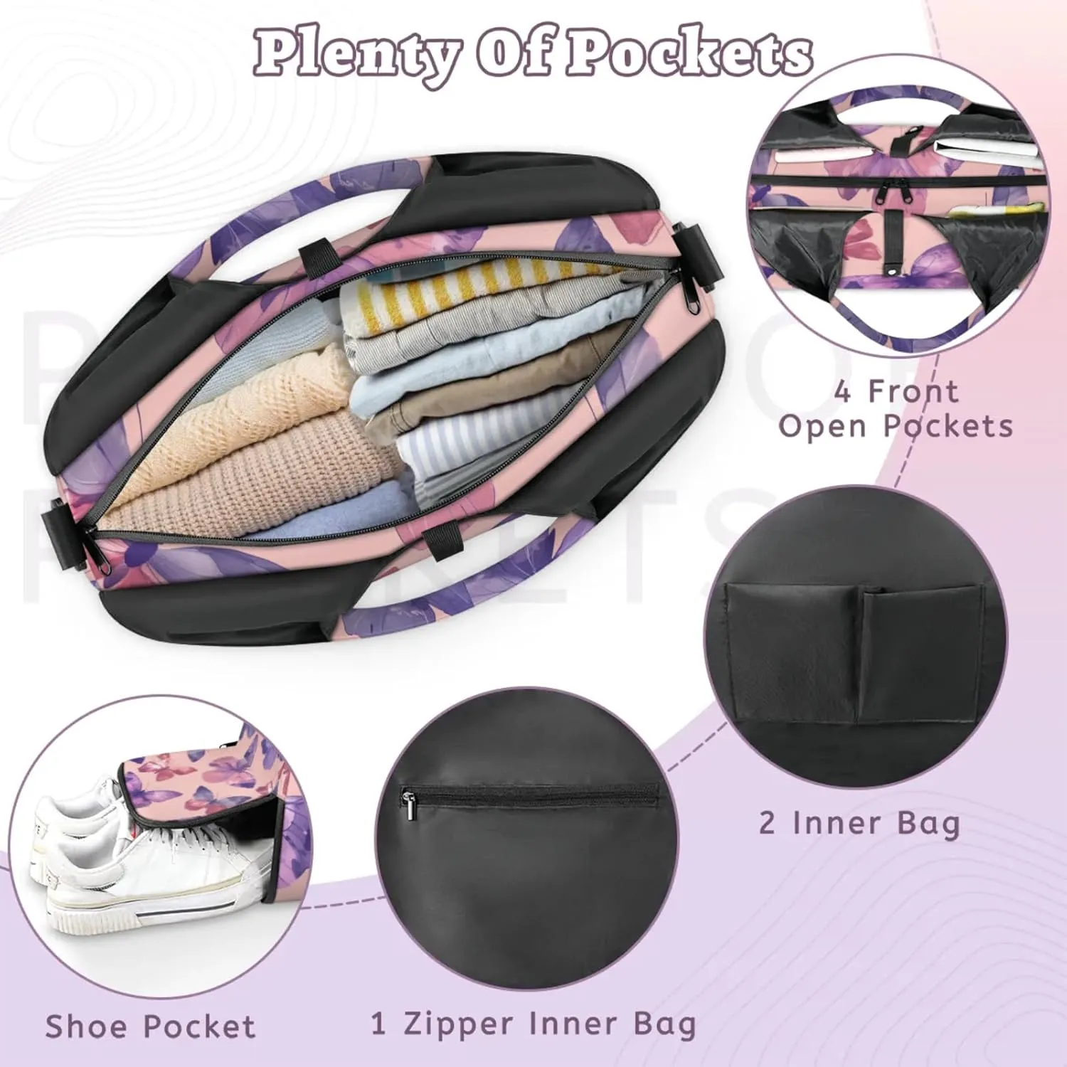 Gym Bag for Women Dancing Butterflies Duffel Bag with Shoe Compartment and Yoga Mat Holder Portable Weekender Bags Travel Tote Bags