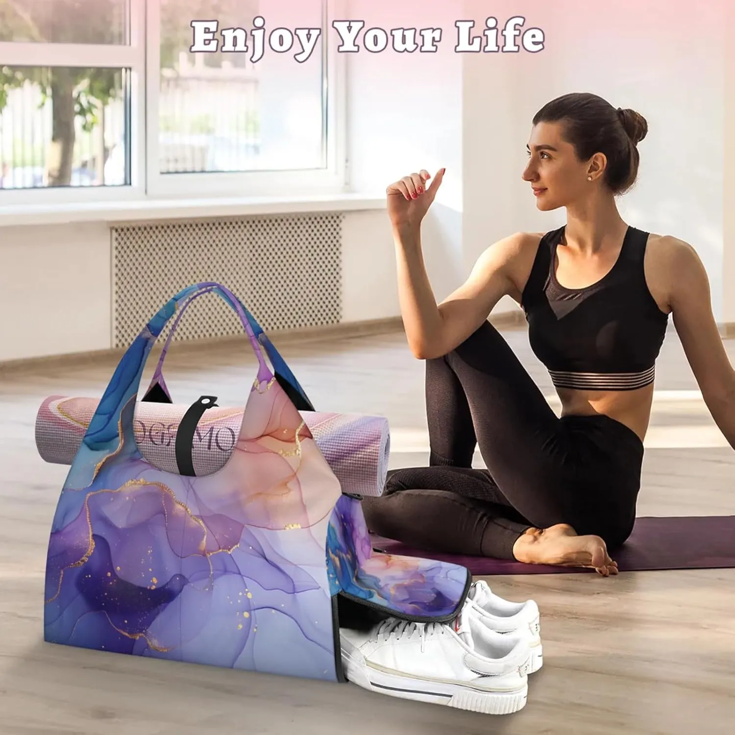 Gym Bag for Women Fairy Marble Texture Duffel Bag with Shoe Compartment and Yoga Mat Holder Portable Weekender Bags Travel Tote Bags
