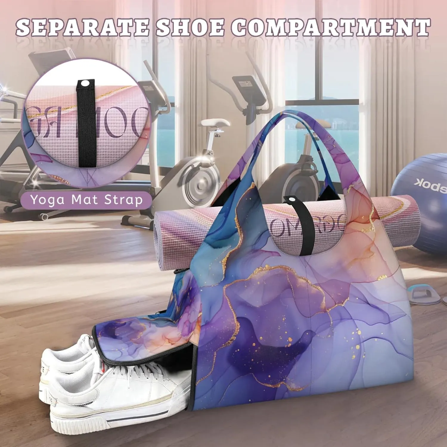 Gym Bag for Women Fairy Marble Texture Duffel Bag with Shoe Compartment and Yoga Mat Holder Portable Weekender Bags Travel Tote Bags