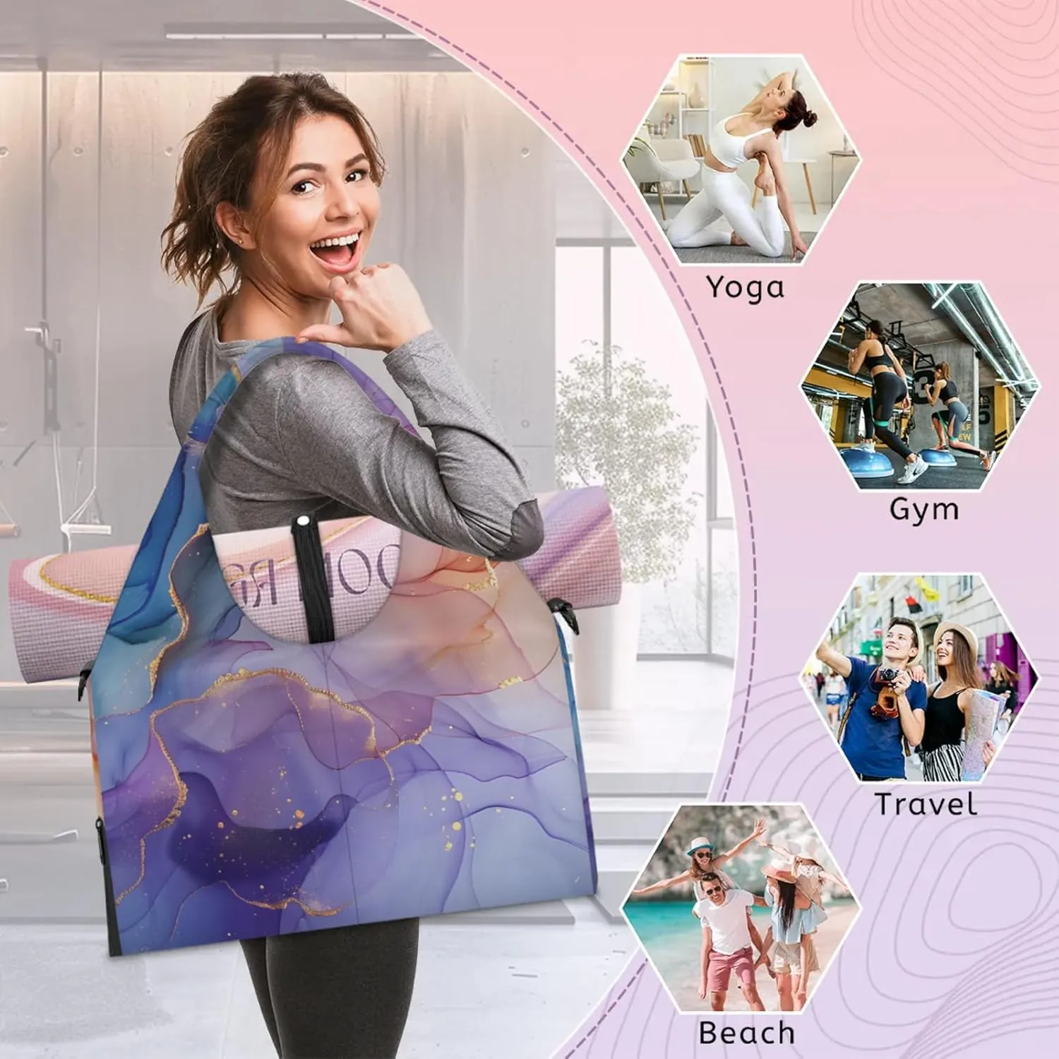 Gym Bag for Women Fairy Marble Texture Duffel Bag with Shoe Compartment and Yoga Mat Holder Portable Weekender Bags Travel Tote Bags