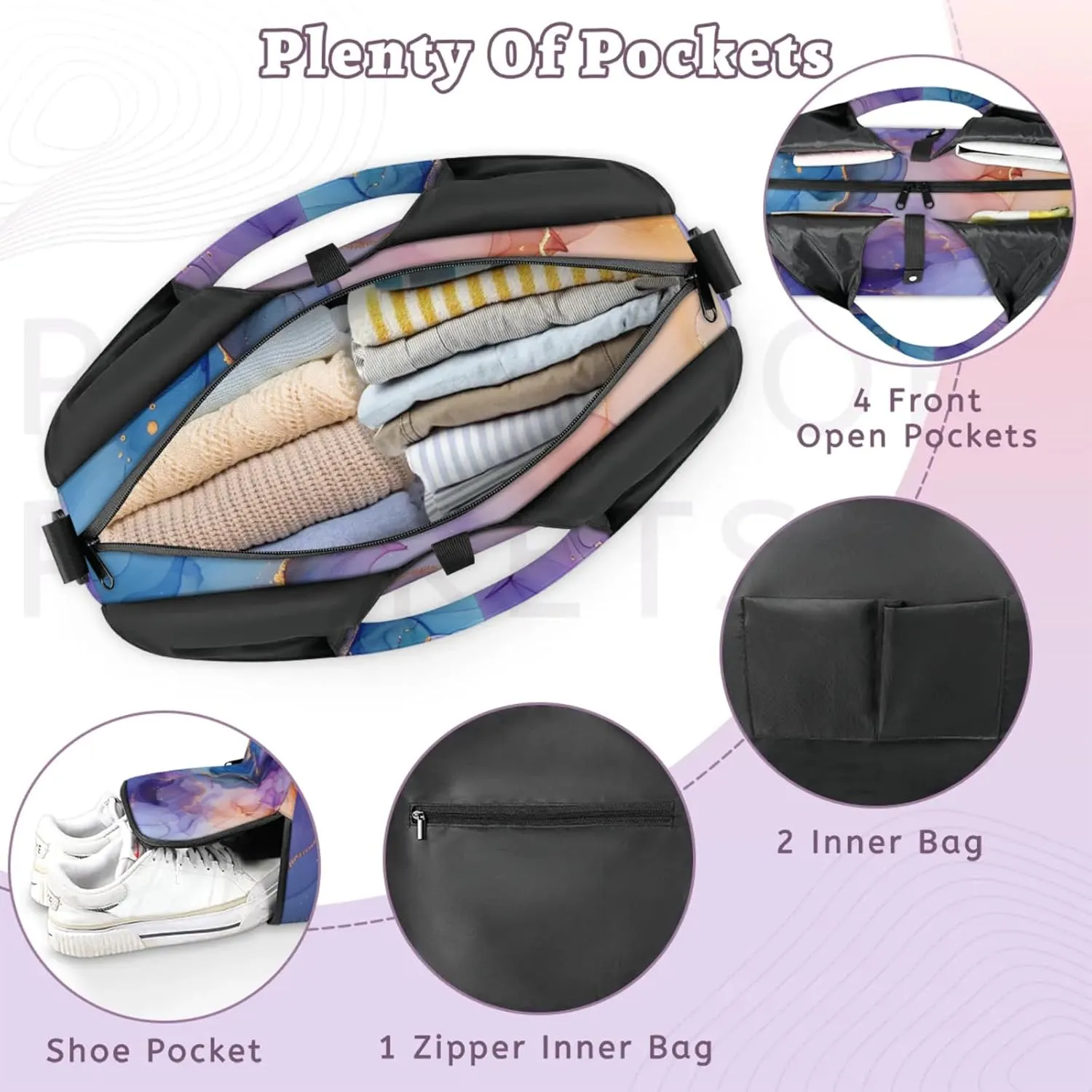 Gym Bag for Women Fairy Marble Texture Duffel Bag with Shoe Compartment and Yoga Mat Holder Portable Weekender Bags Travel Tote Bags