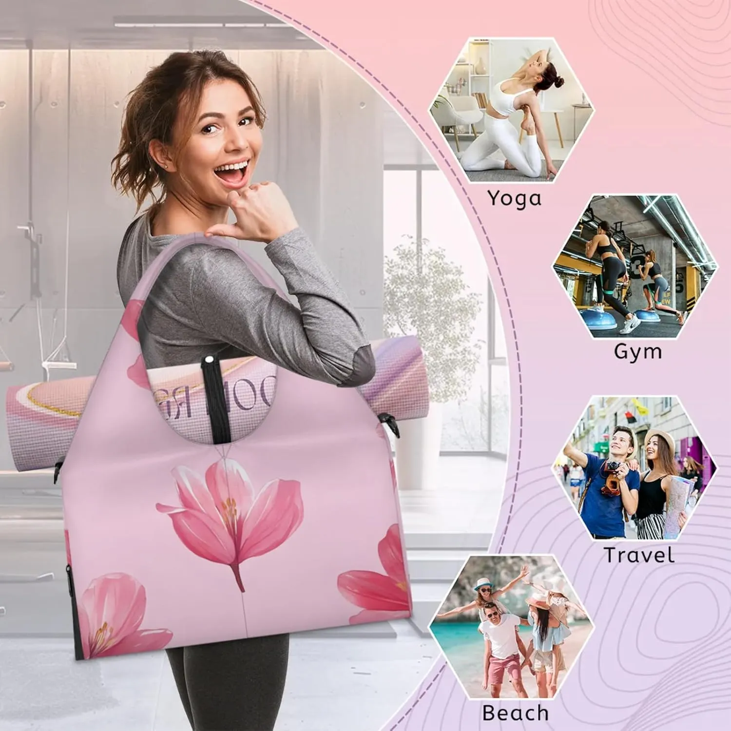 Gym Bag for Women Falling Flower Duffel Bag with Shoe Compartment and Yoga Mat Holder Portable Weekender Bags Travel Tote Bags