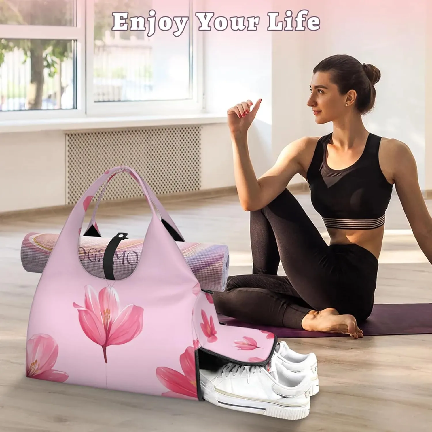 Gym Bag for Women Falling Flower Duffel Bag with Shoe Compartment and Yoga Mat Holder Portable Weekender Bags Travel Tote Bags