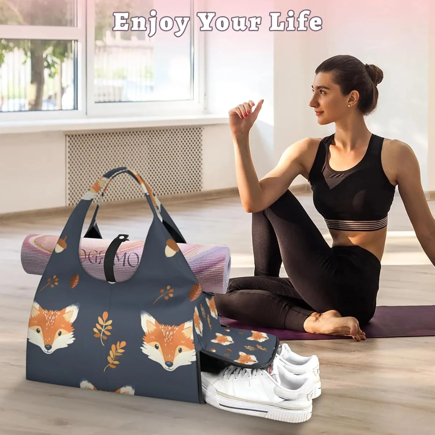 Gym Bag for Women Fox Print Duffel Bag with Shoe Compartment and Yoga Mat Holder Portable Weekender Bags Travel Tote Bags