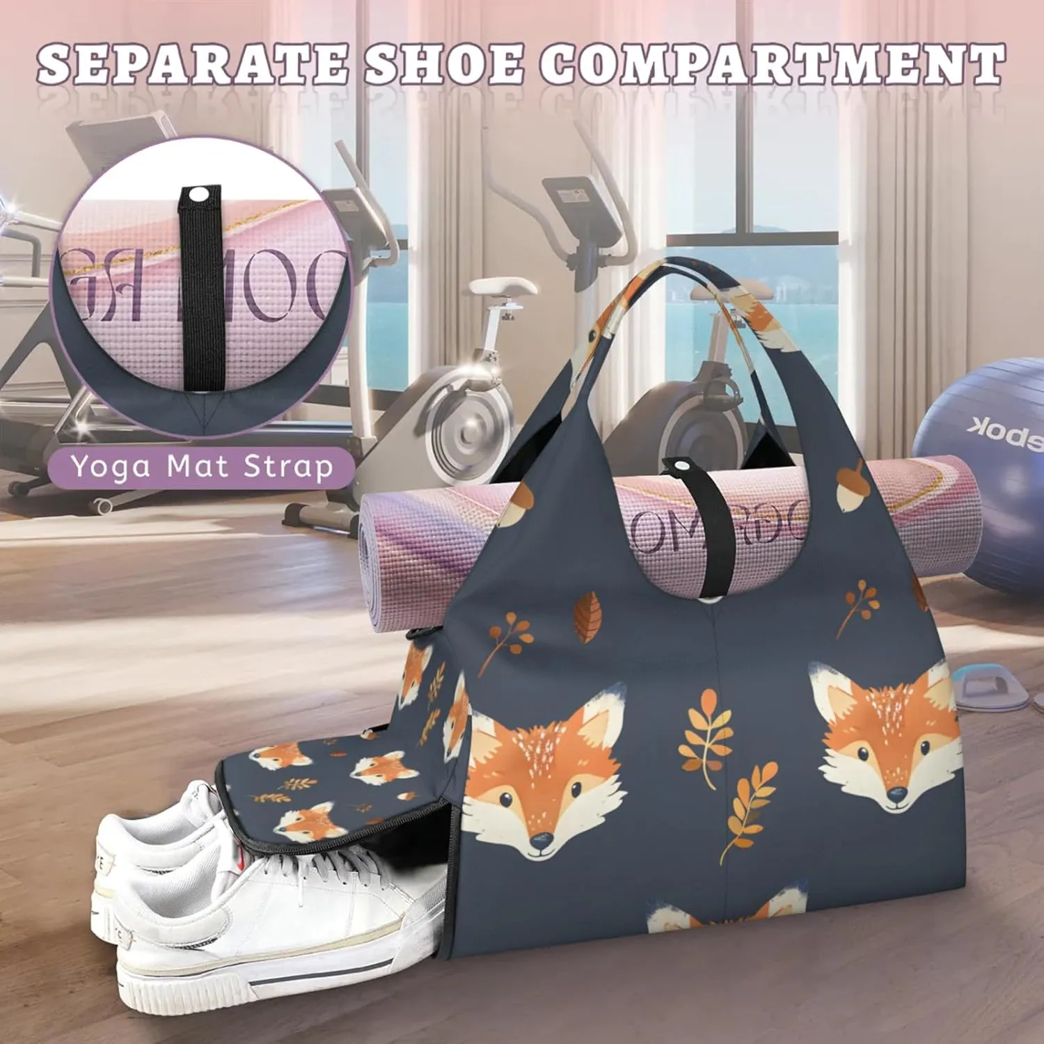 Gym Bag for Women Fox Print Duffel Bag with Shoe Compartment and Yoga Mat Holder Portable Weekender Bags Travel Tote Bags