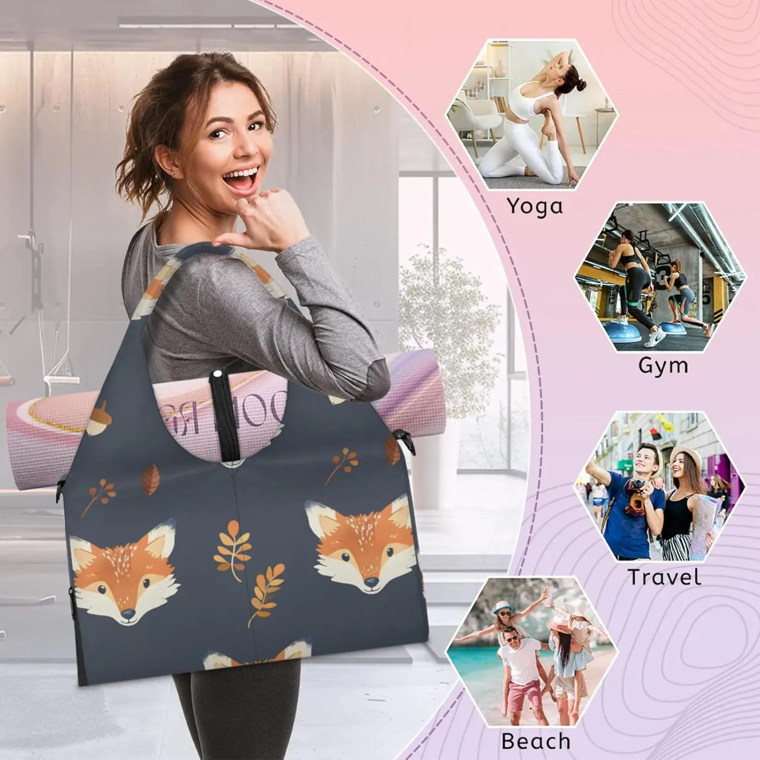 Gym Bag for Women Fox Print Duffel Bag with Shoe Compartment and Yoga Mat Holder Portable Weekender Bags Travel Tote Bags