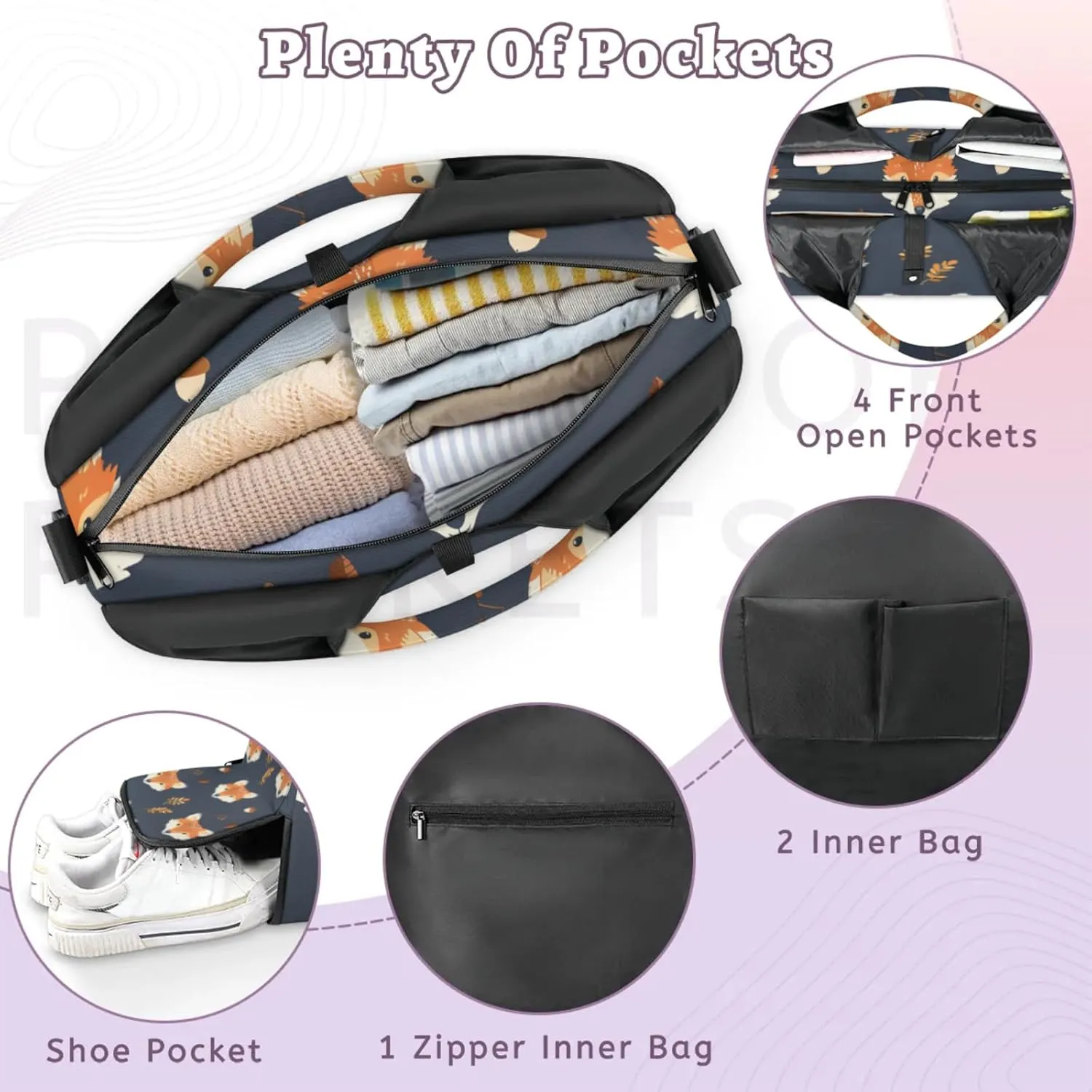 Gym Bag for Women Fox Print Duffel Bag with Shoe Compartment and Yoga Mat Holder Portable Weekender Bags Travel Tote Bags
