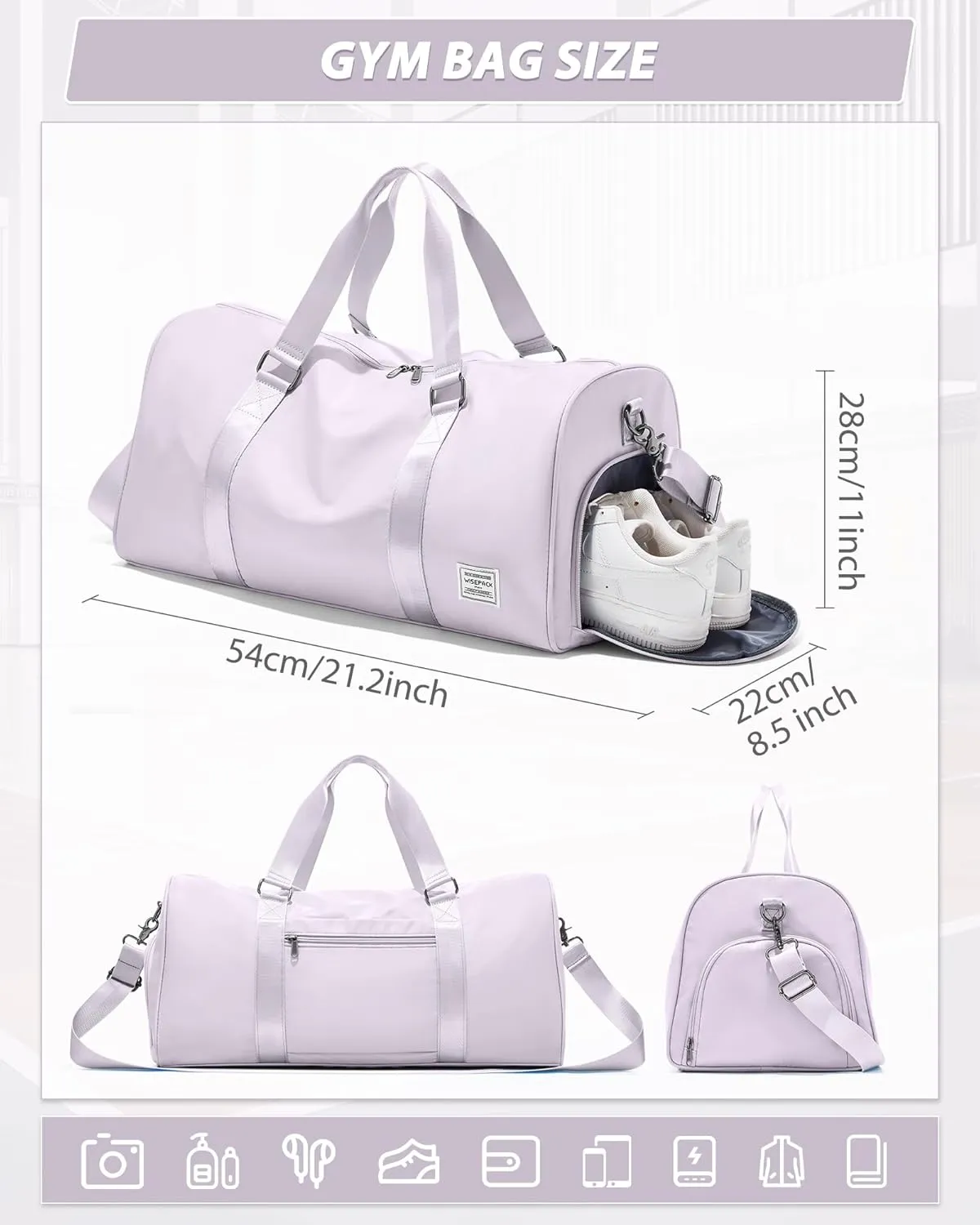 Gym Bag for Women Men with Shoe Compartment,Small Travel Duffle Bags for Traveling Overnight Weekender Personal Item Travel Bag Large Sport Workout Bag Purple