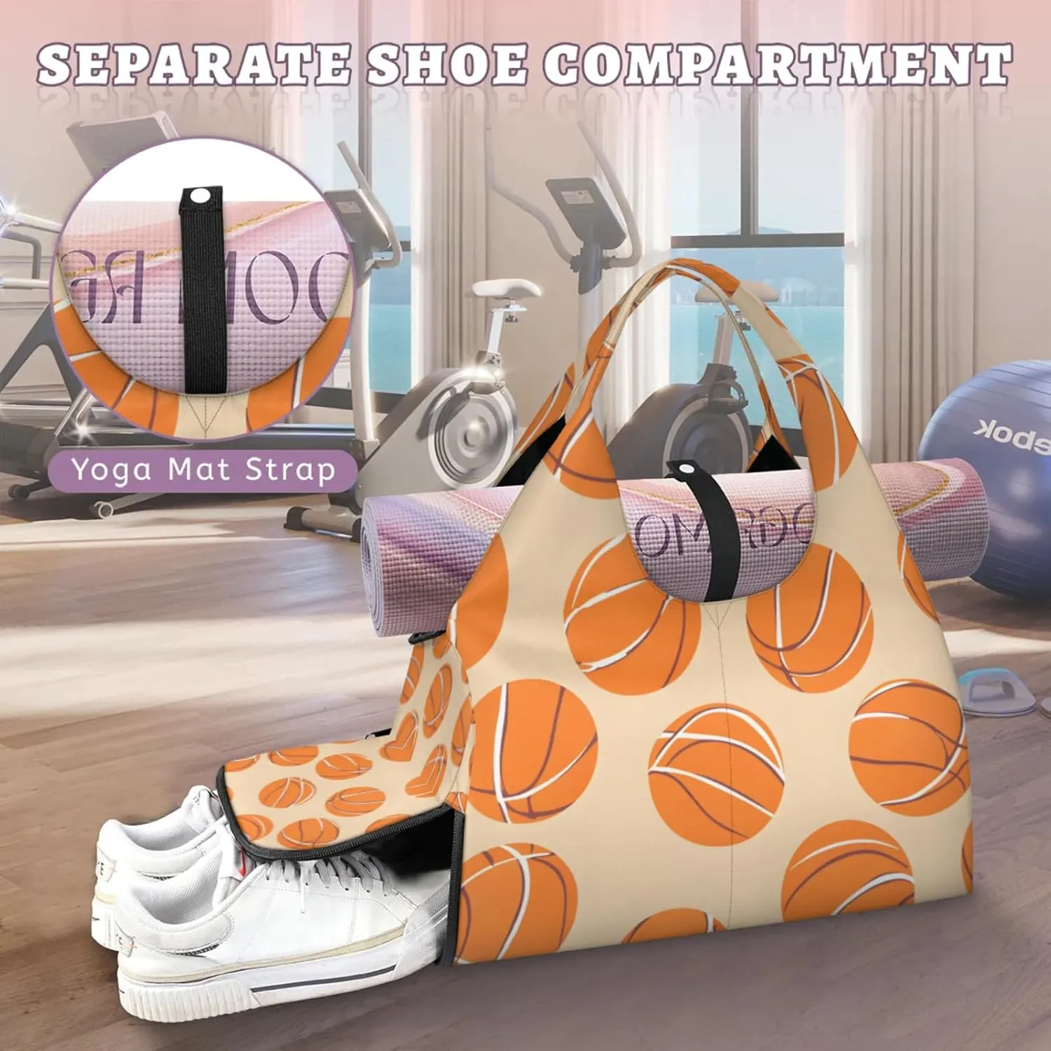 Gym Bag for Women Sport Basketballs Themed Duffel Bag with Shoe Compartment and Yoga Mat Holder Portable Weekender Bags Travel Tote Bags