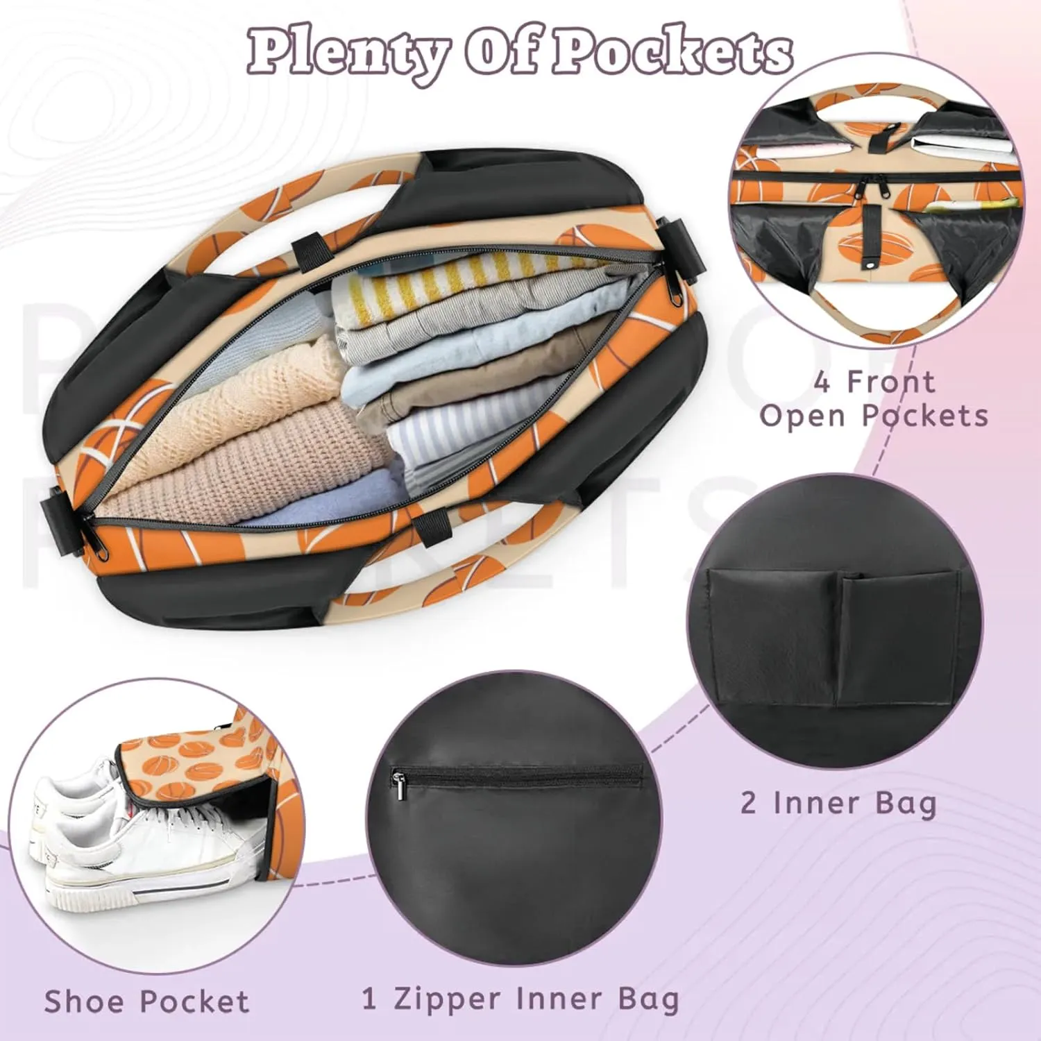 Gym Bag for Women Sport Basketballs Themed Duffel Bag with Shoe Compartment and Yoga Mat Holder Portable Weekender Bags Travel Tote Bags