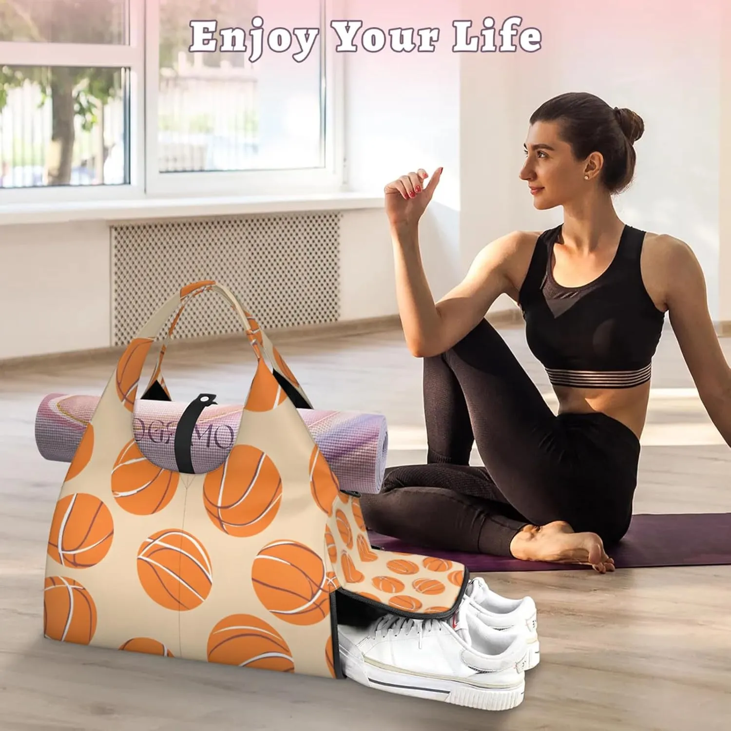 Gym Bag for Women Sport Basketballs Themed Duffel Bag with Shoe Compartment and Yoga Mat Holder Portable Weekender Bags Travel Tote Bags