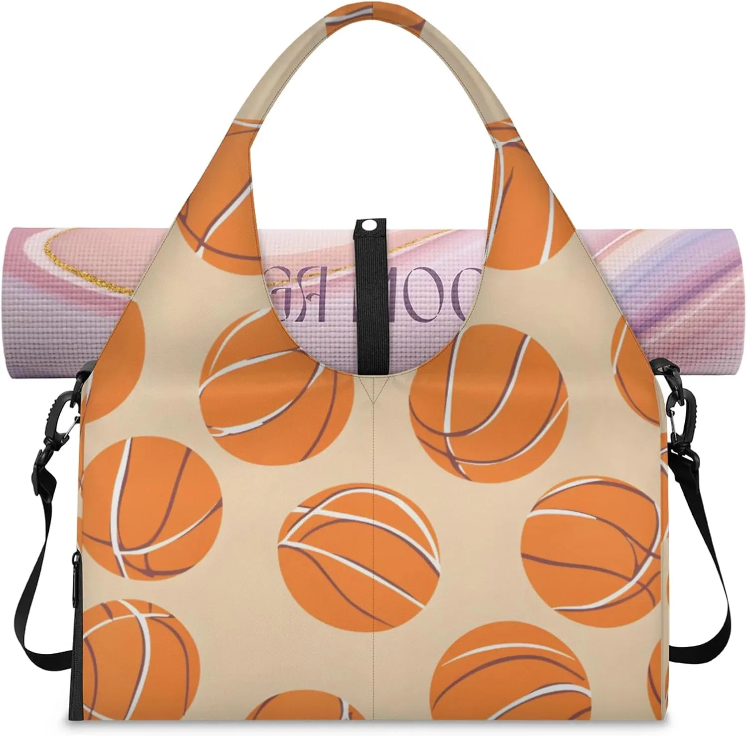 Gym Bag for Women Sport Basketballs Themed Duffel Bag with Shoe Compartment and Yoga Mat Holder Portable Weekender Bags Travel Tote Bags