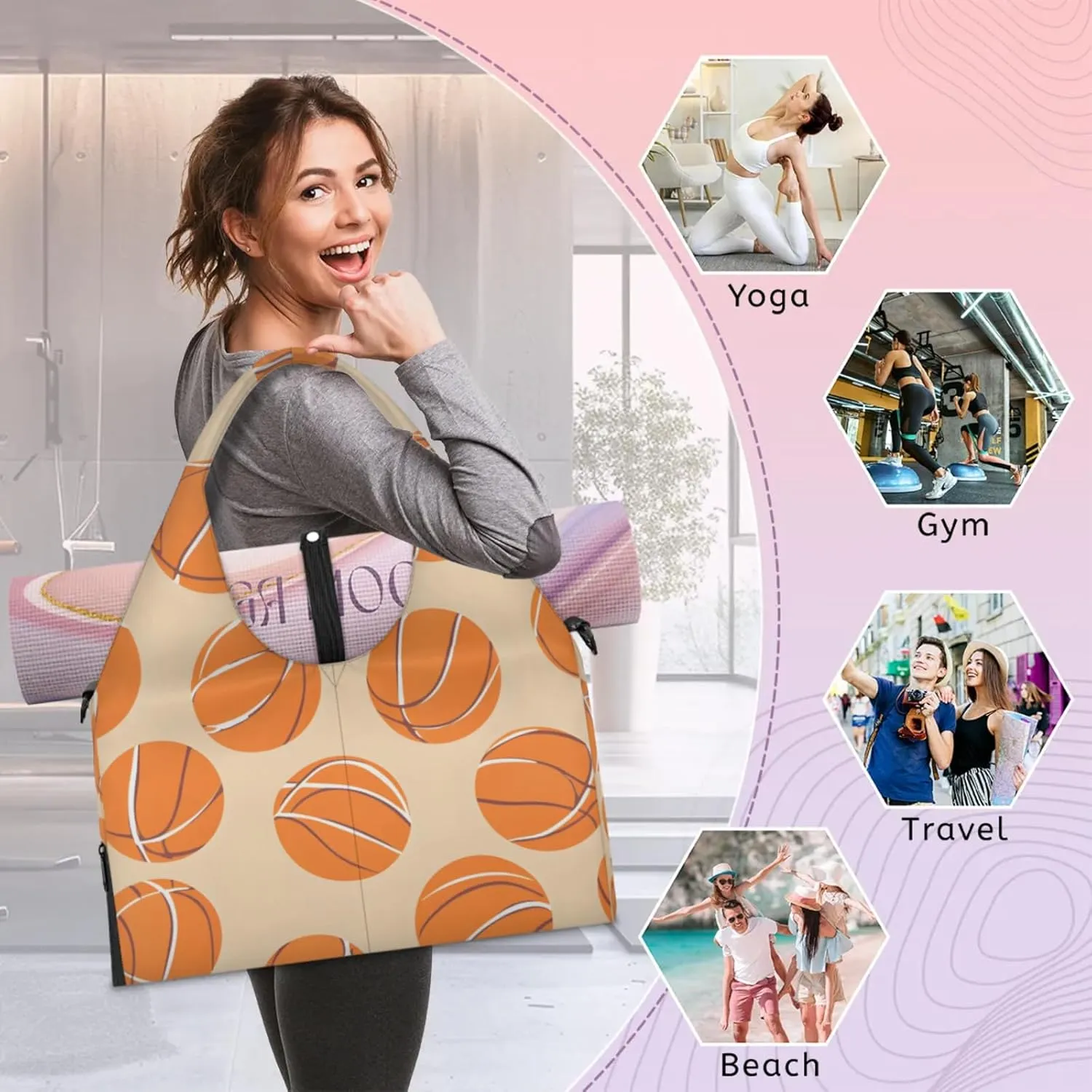 Gym Bag for Women Sport Basketballs Themed Duffel Bag with Shoe Compartment and Yoga Mat Holder Portable Weekender Bags Travel Tote Bags