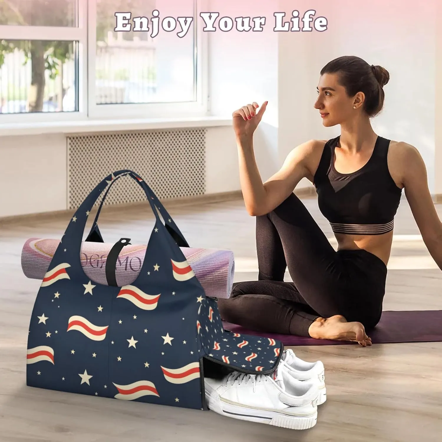 Gym Bag for Women Stripe Star Theme Duffel Bag with Shoe Compartment and Yoga Mat Holder Portable Weekender Bags Travel Tote Bags