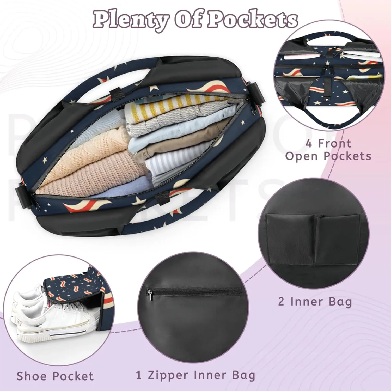 Gym Bag for Women Stripe Star Theme Duffel Bag with Shoe Compartment and Yoga Mat Holder Portable Weekender Bags Travel Tote Bags