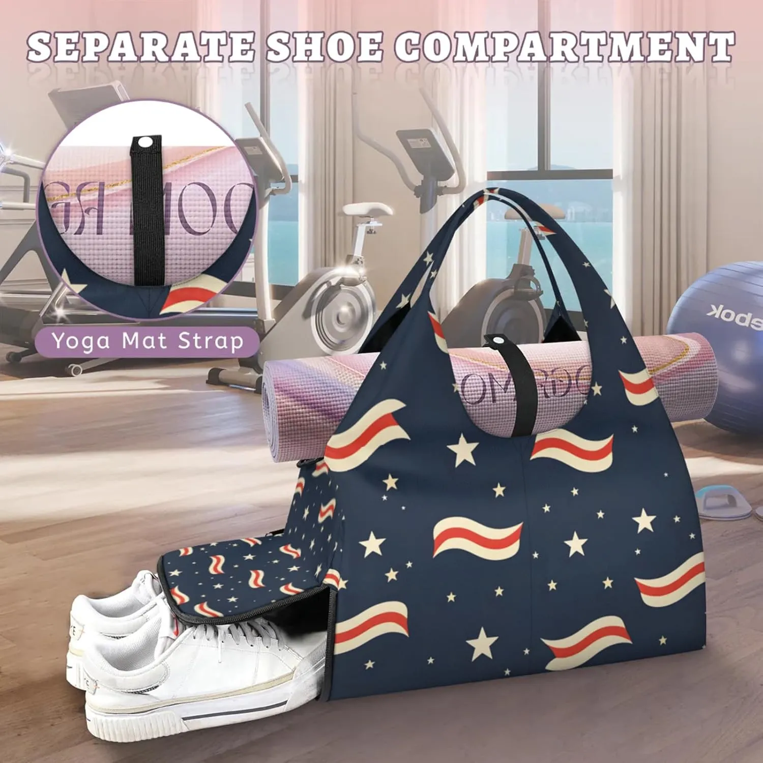 Gym Bag for Women Stripe Star Theme Duffel Bag with Shoe Compartment and Yoga Mat Holder Portable Weekender Bags Travel Tote Bags