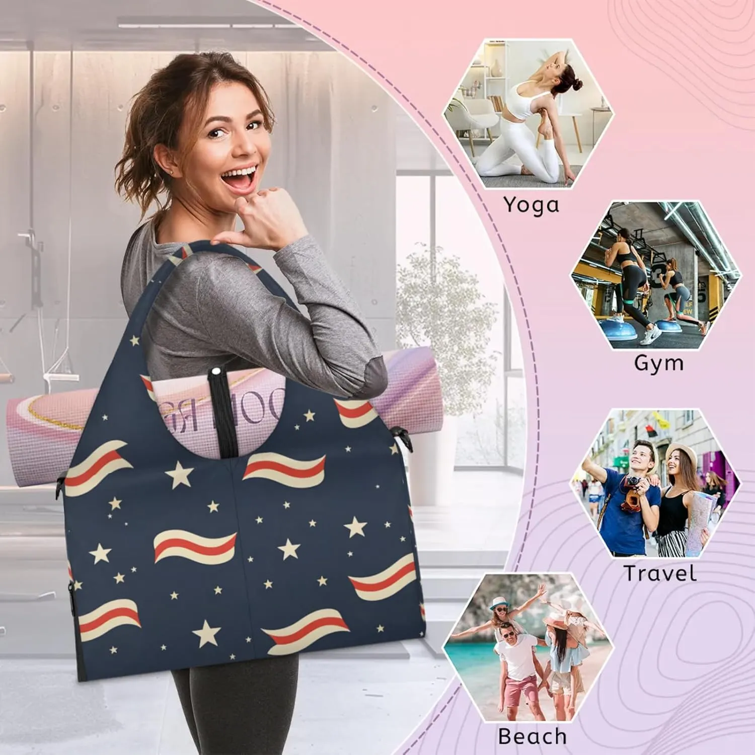 Gym Bag for Women Stripe Star Theme Duffel Bag with Shoe Compartment and Yoga Mat Holder Portable Weekender Bags Travel Tote Bags