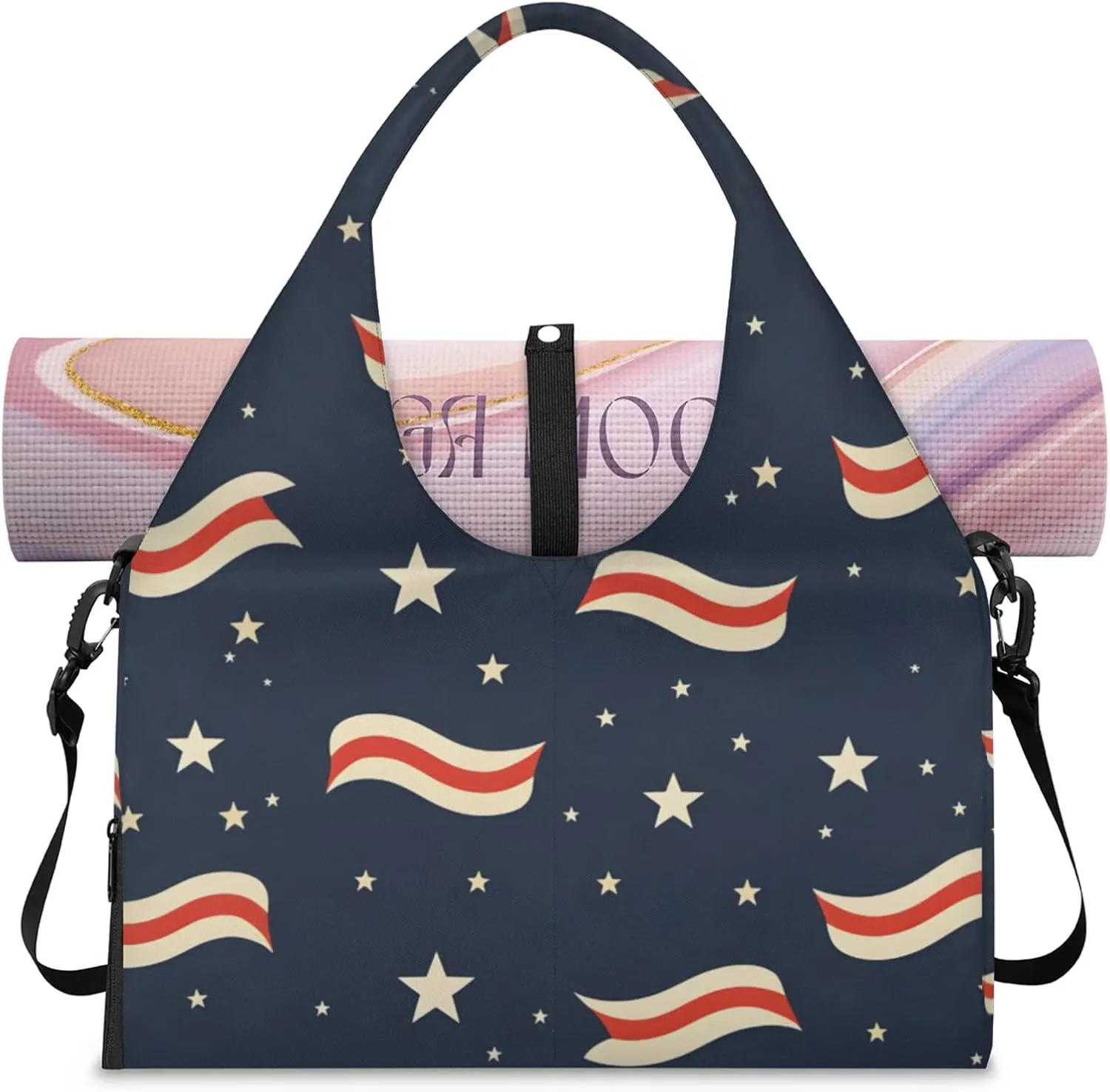 Gym Bag for Women Stripe Star Theme Duffel Bag with Shoe Compartment and Yoga Mat Holder Portable Weekender Bags Travel Tote Bags