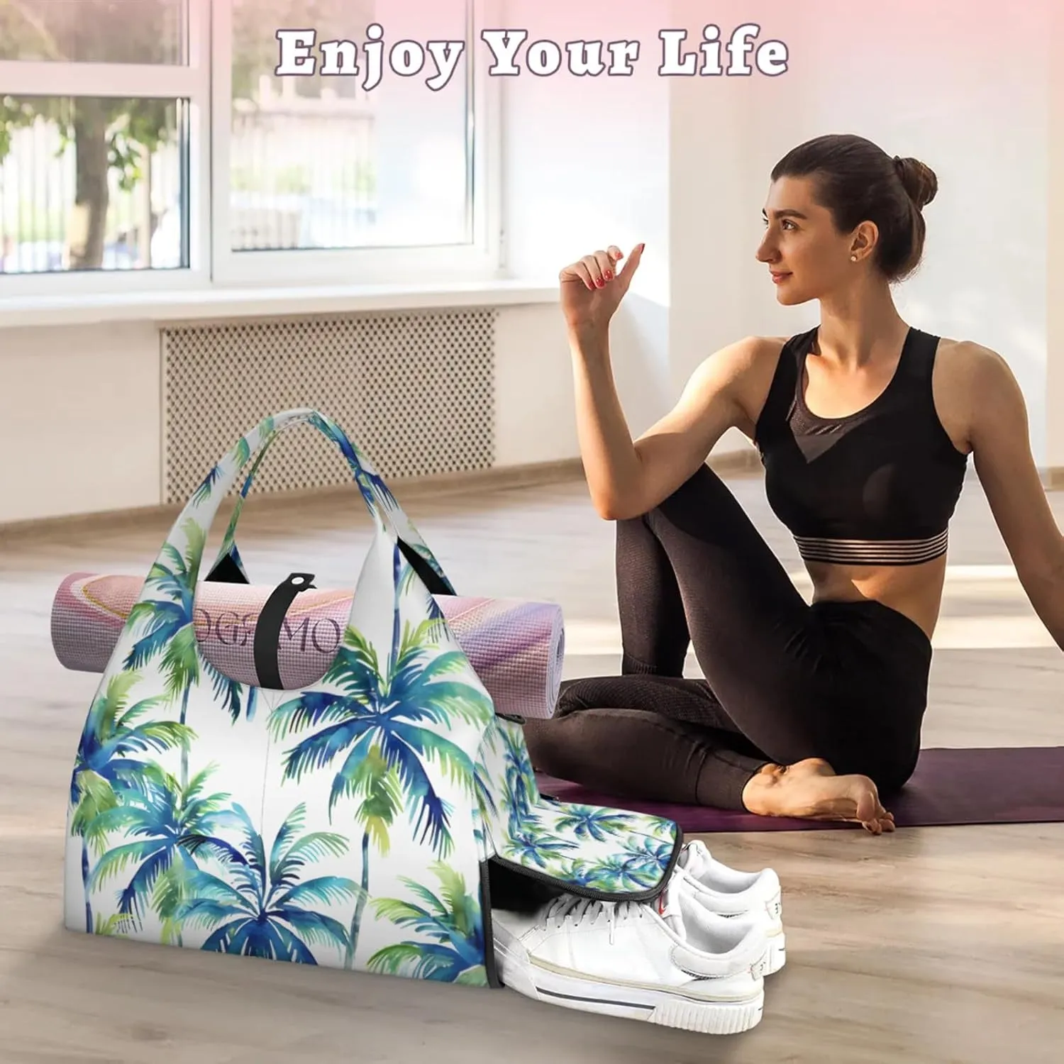 Gym Bag for Women Watercolor Coconut Trees Duffel Bag with Shoe Compartment and Yoga Mat Holder Portable Weekender Bags Travel Tote Bags