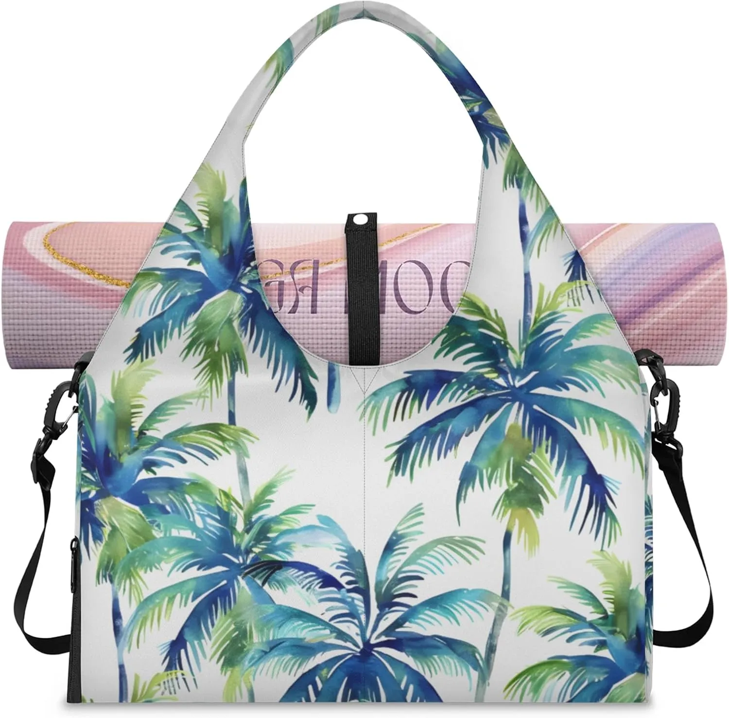 Gym Bag for Women Watercolor Coconut Trees Duffel Bag with Shoe Compartment and Yoga Mat Holder Portable Weekender Bags Travel Tote Bags