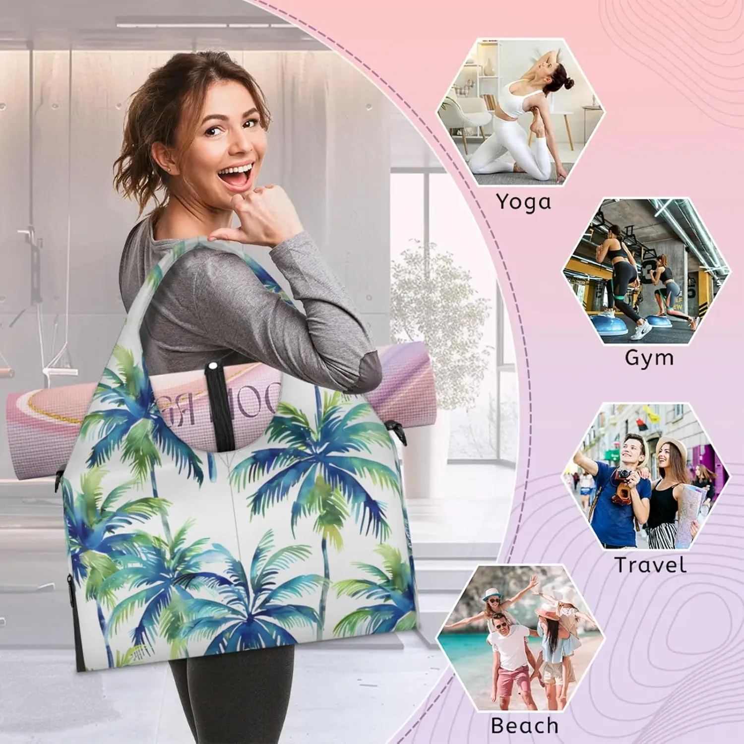 Gym Bag for Women Watercolor Coconut Trees Duffel Bag with Shoe Compartment and Yoga Mat Holder Portable Weekender Bags Travel Tote Bags