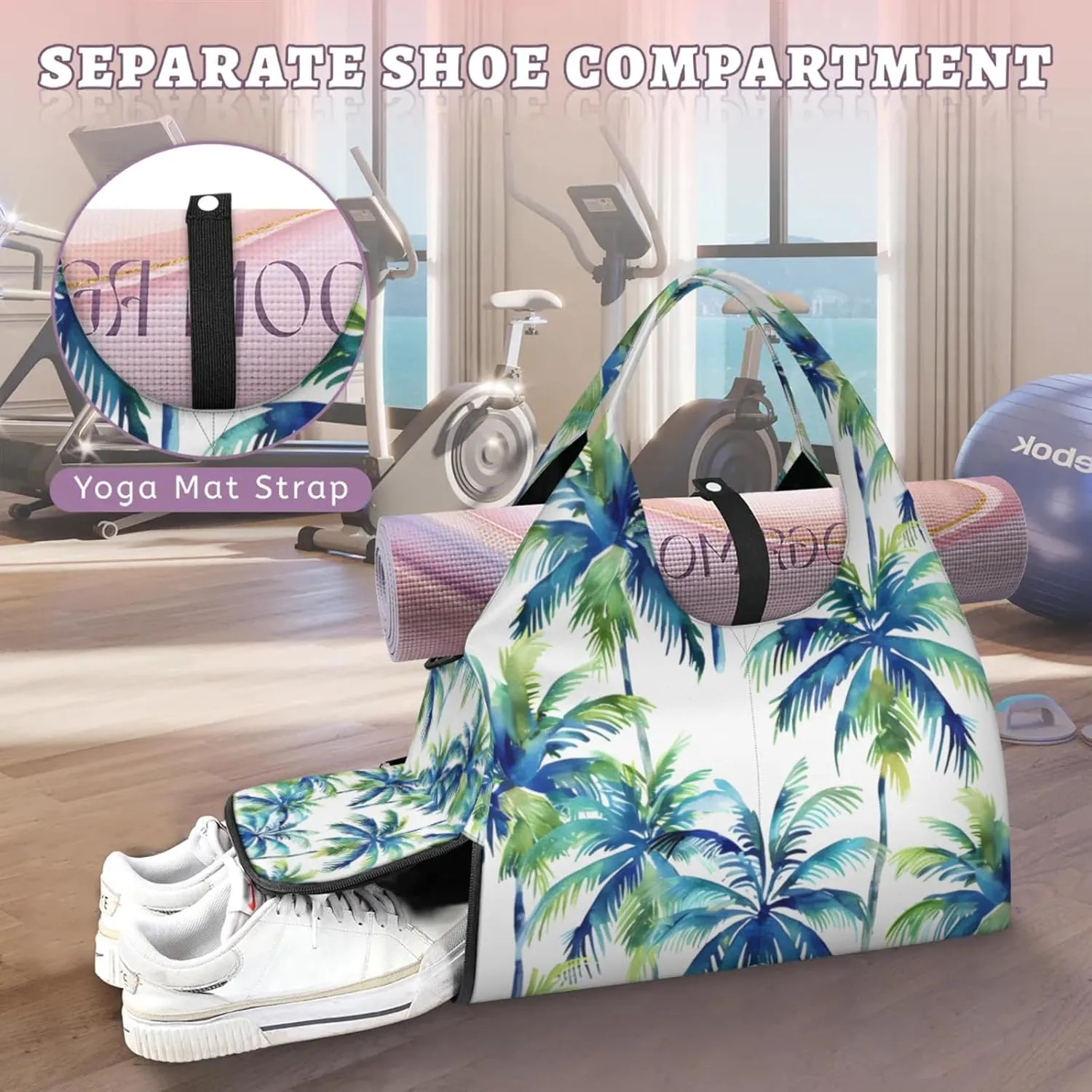 Gym Bag for Women Watercolor Coconut Trees Duffel Bag with Shoe Compartment and Yoga Mat Holder Portable Weekender Bags Travel Tote Bags