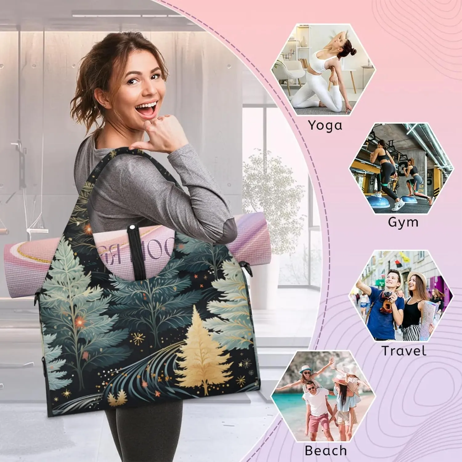 Gym Bag for Women Winter Trees Theme Duffel Bag with Shoe Compartment and Yoga Mat Holder Portable Weekender Bags Travel Tote Bags