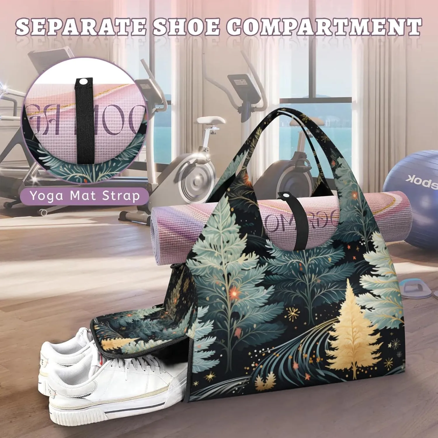 Gym Bag for Women Winter Trees Theme Duffel Bag with Shoe Compartment and Yoga Mat Holder Portable Weekender Bags Travel Tote Bags