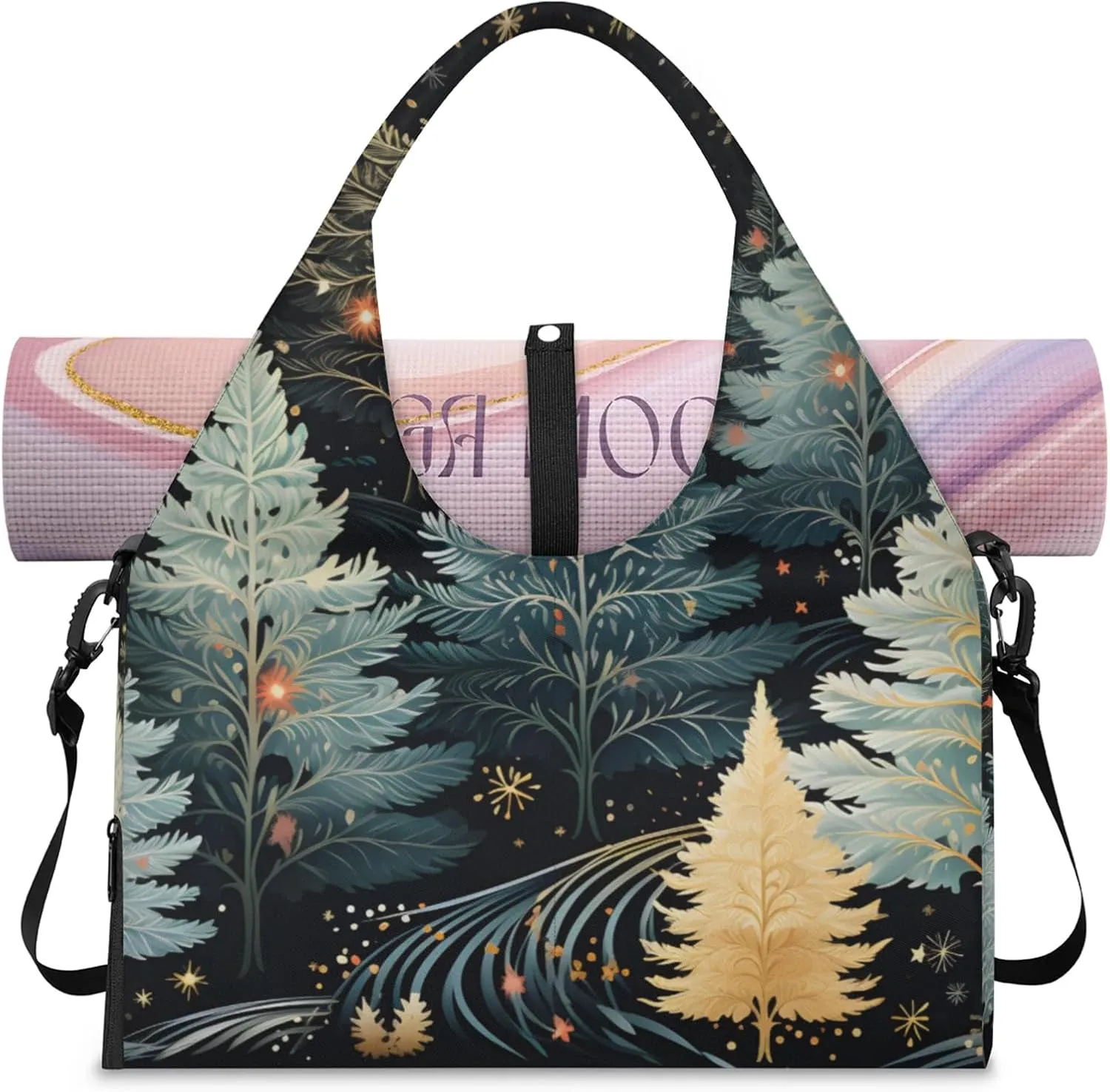Gym Bag for Women Winter Trees Theme Duffel Bag with Shoe Compartment and Yoga Mat Holder Portable Weekender Bags Travel Tote Bags
