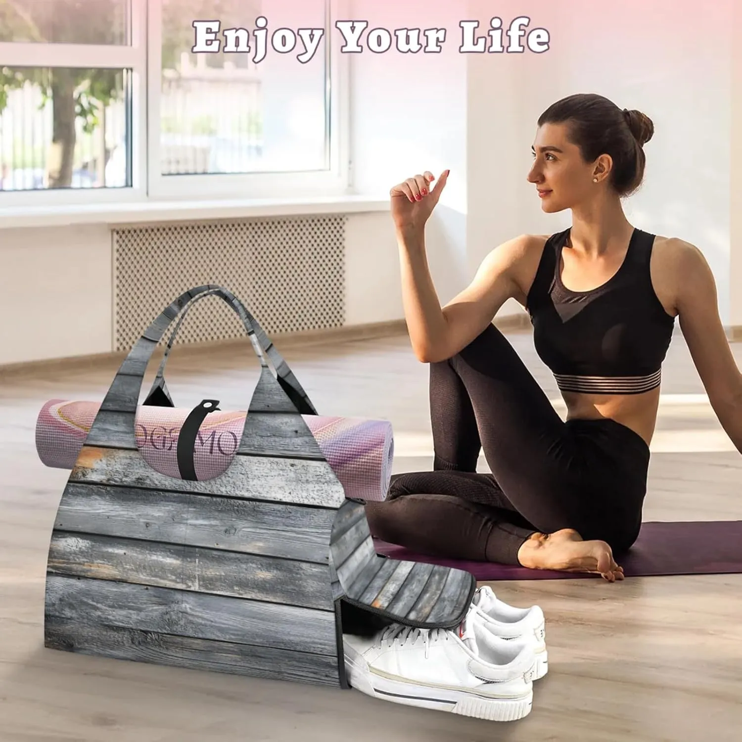 Gym Bag for Women Wood Print Duffel Bag with Shoe Compartment and Yoga Mat Holder Portable Weekender Bags Travel Tote Bags
