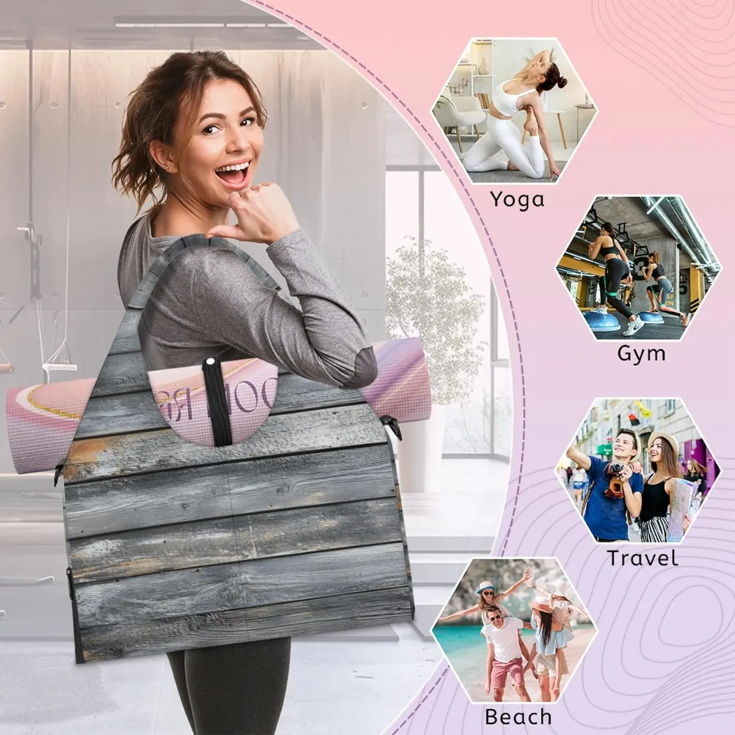Gym Bag for Women Wood Print Duffel Bag with Shoe Compartment and Yoga Mat Holder Portable Weekender Bags Travel Tote Bags
