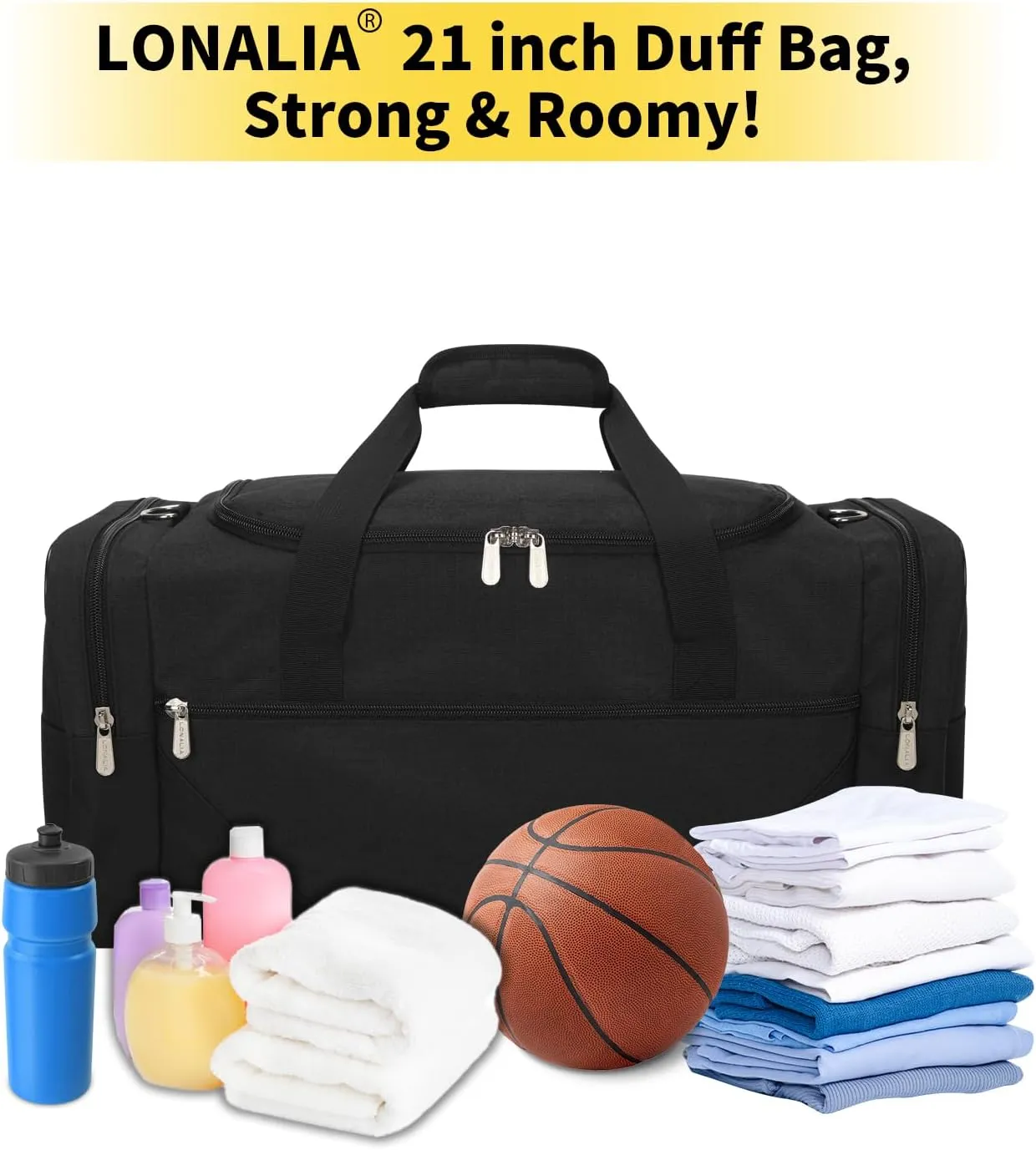 Gym Bag Sport Duffle Bag for Men - 21 in Weekender Travel Bag with Trolley Sleeve (Black)