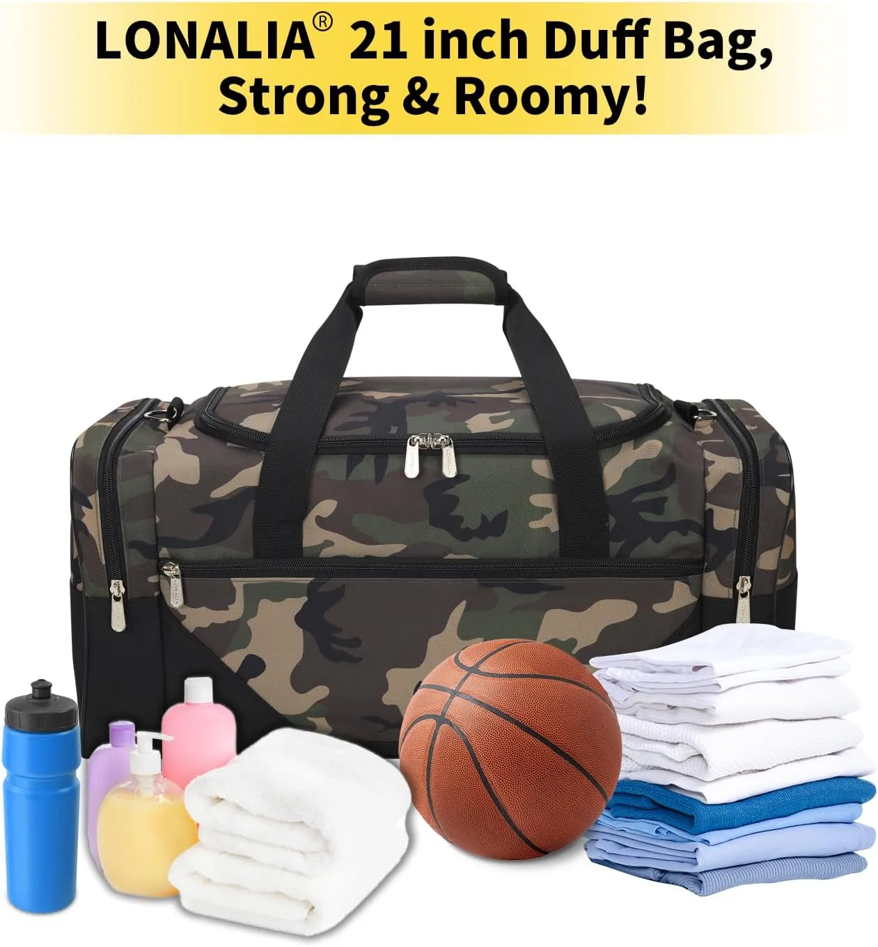 Gym Bag Sport Duffle Bag for Men - 21 in Weekender Travel Bag with Trolley Sleeve (Camo)