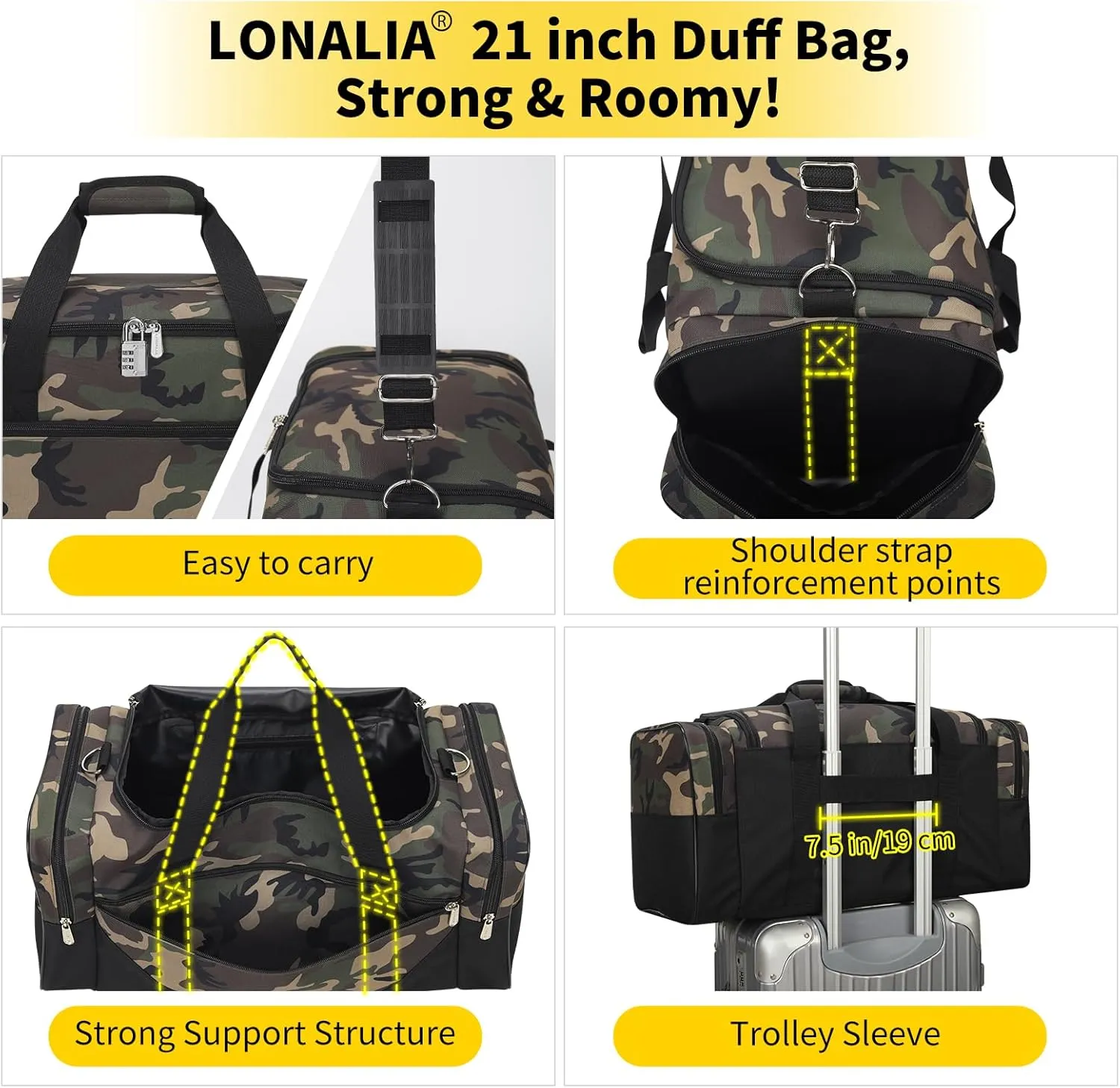 Gym Bag Sport Duffle Bag for Men - 21 in Weekender Travel Bag with Trolley Sleeve (Camo)