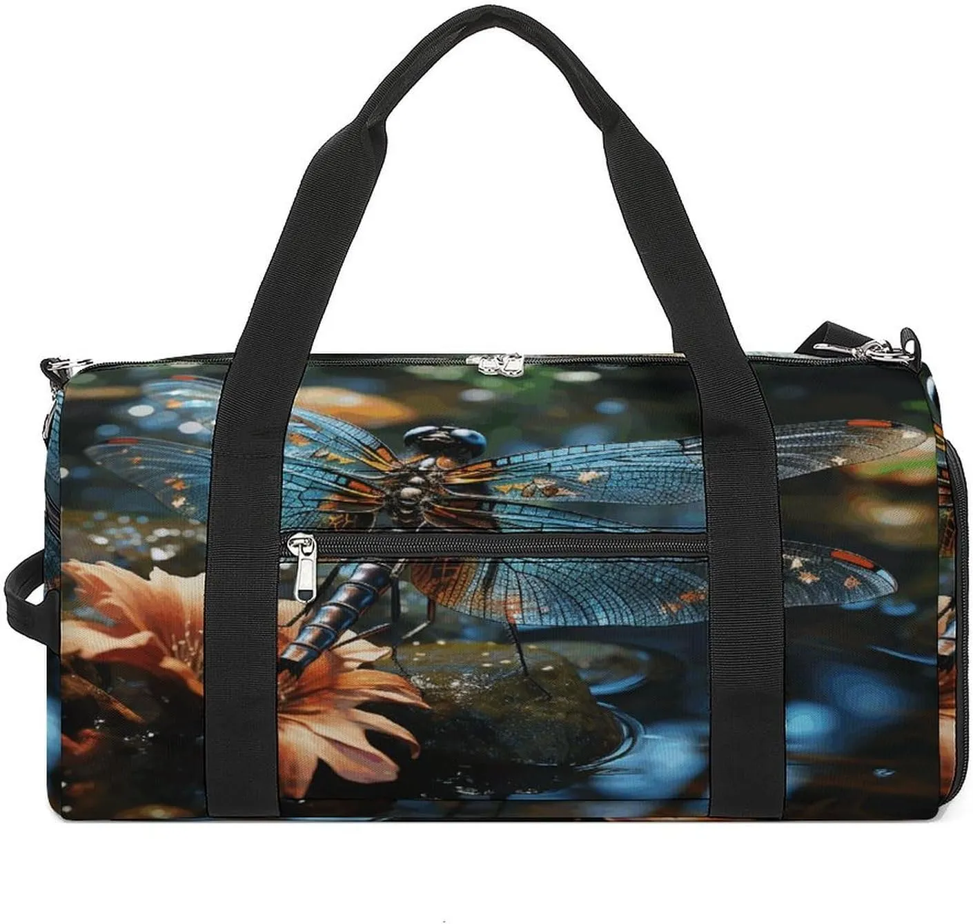 Gym Bags for Men Women,Dragonfly Flying on The Pond Print Workout Bag with Shoes Compartment,Sports Duffle Bag,Travel Gym Bag,Carry On Weekender Bag