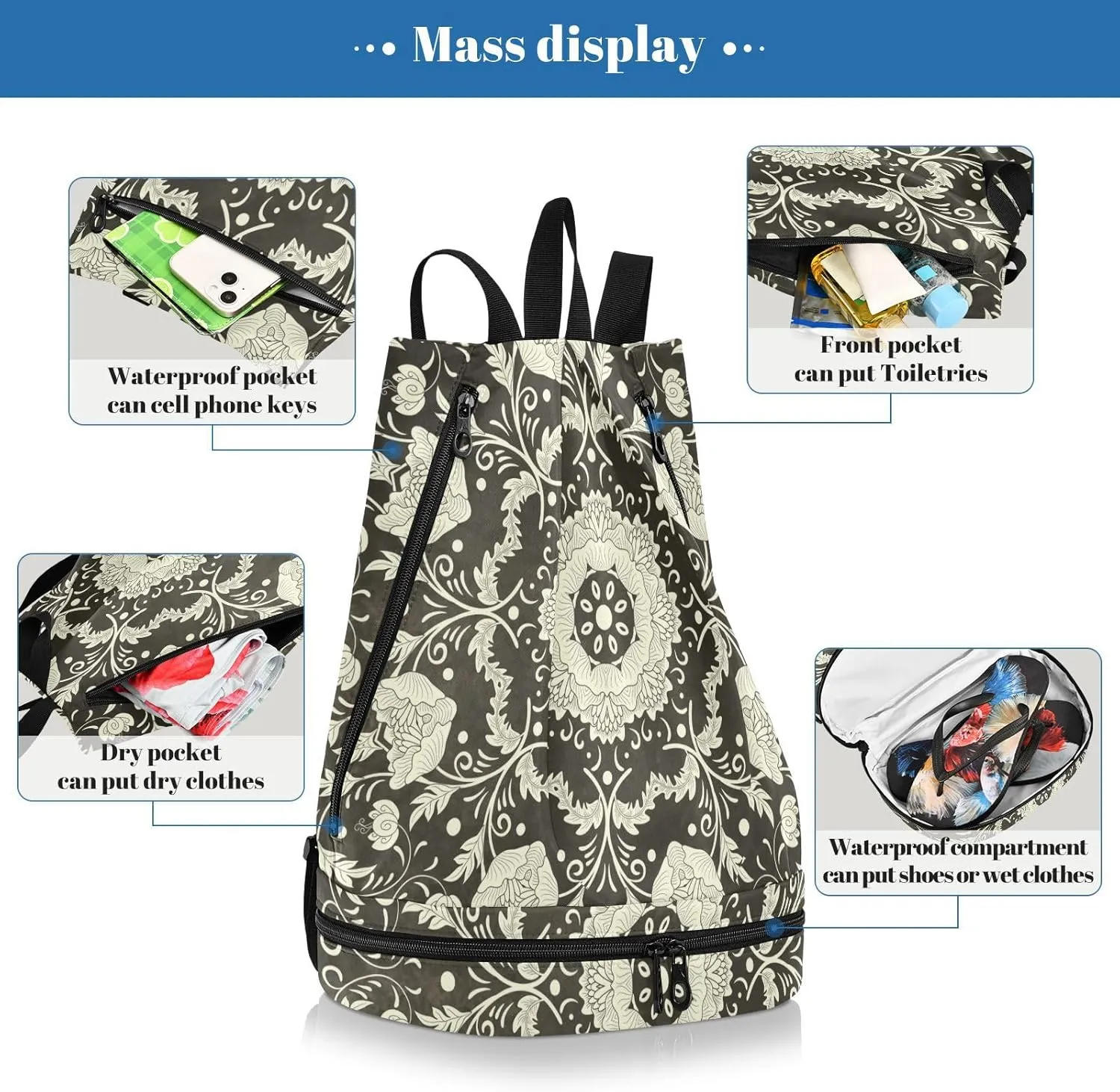 Gym Swimming Drawstring Bags Daypacks Backpack Purse Casual Knapsack Shoulder Bag Sitting Rucksack Vintage Imitating Chinese Porcelain Paint Floral Flowers