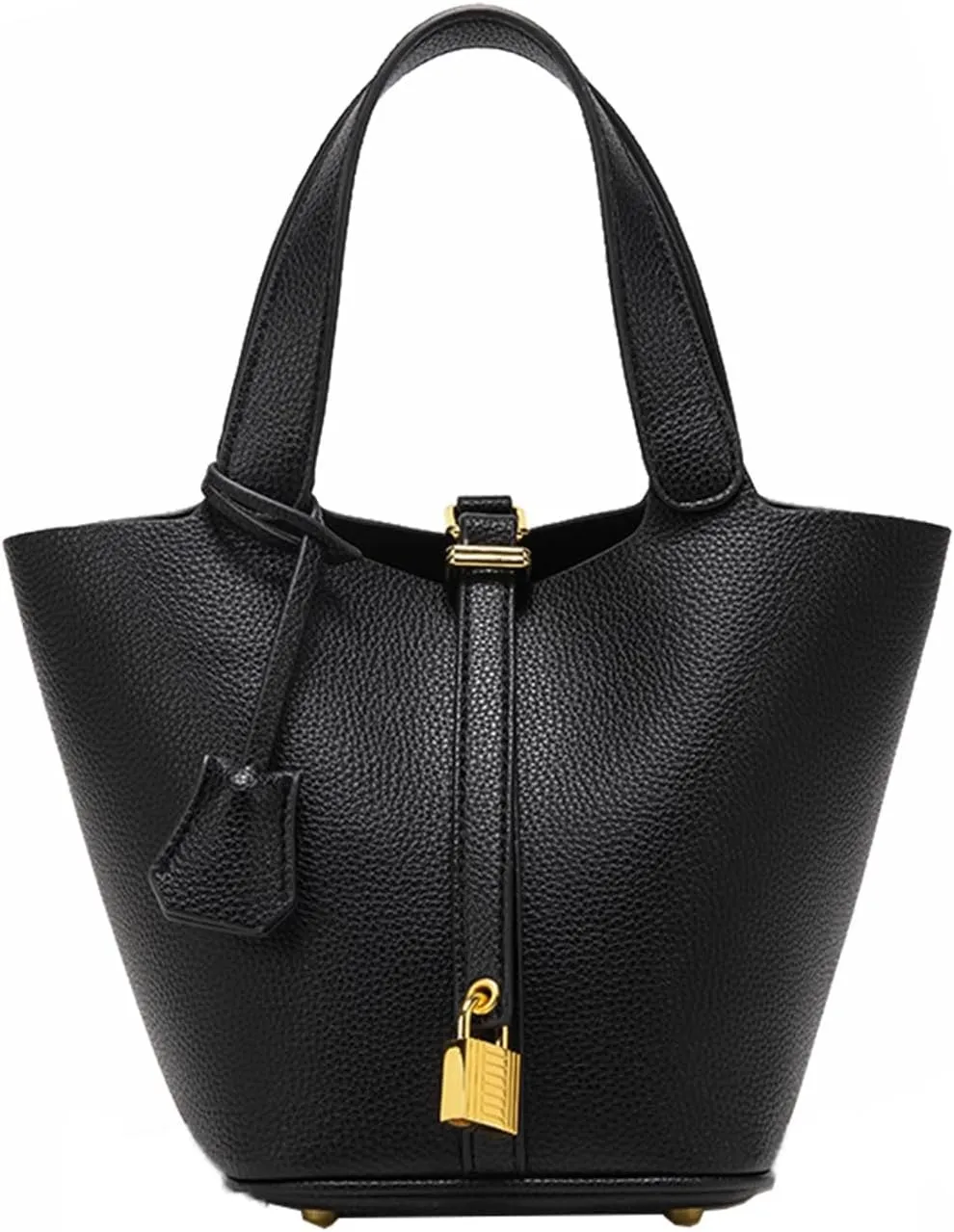 Handbag for Women Leather Vegetable Basket with Lock Bucket Bag Solid Color Tote Bag Fashion Genuine Leather