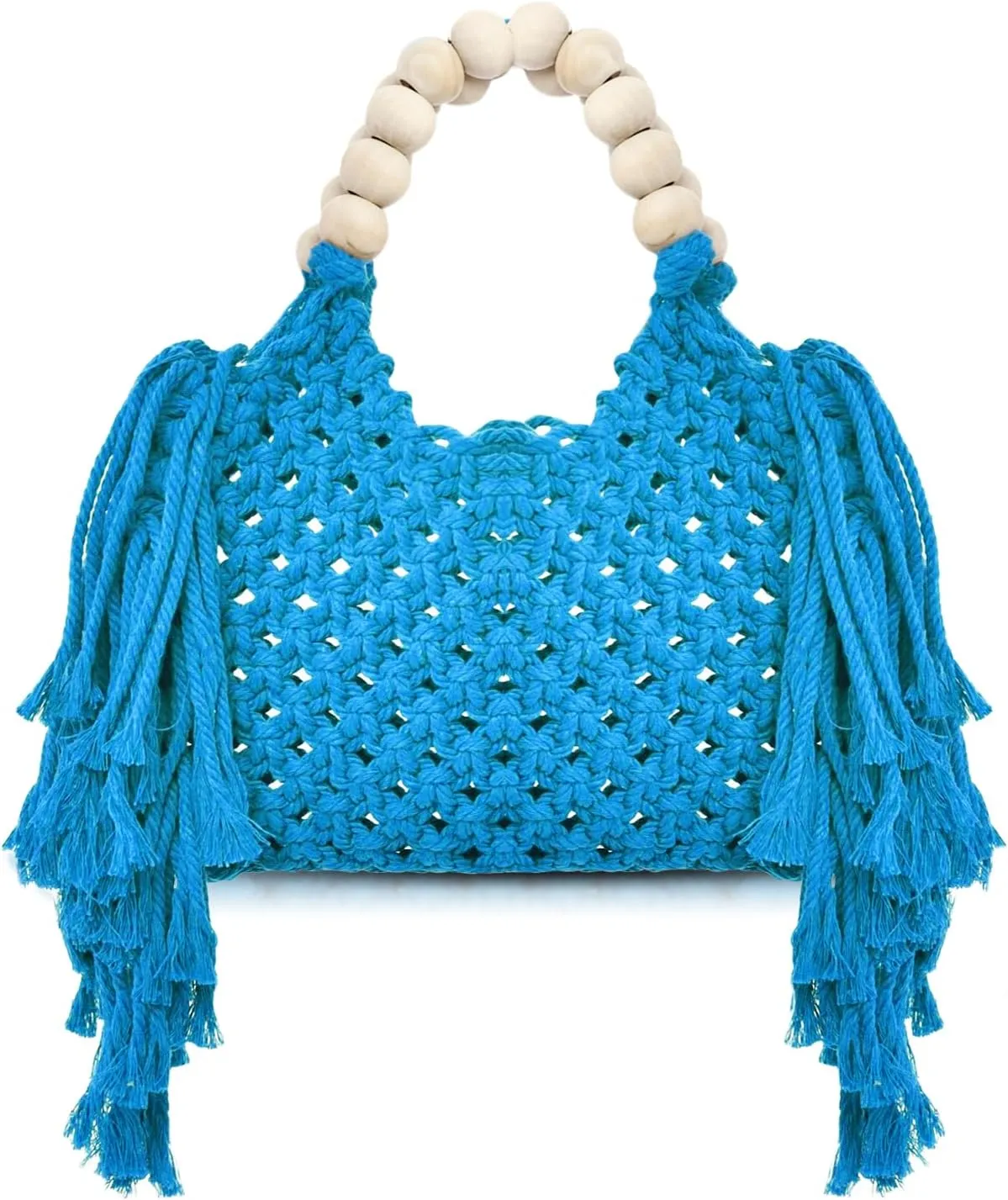 Handbags for Women, Hand-woven Knitted Cotton Handbags, Tassel Woven Bag, Wooden Bead Handle, Shoulder Bag for Beach Vacation(Blue)