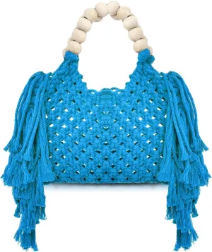 Handbags for Women, Hand-woven Knitted Cotton Handbags, Tassel Woven Bag, Wooden Bead Handle, Shoulder Bag for Beach Vacation(Blue)