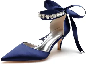 Hanfike Satin Evening Dress Shoes for Bridal Bridesmaids Ankle Chains Evening Prom Pumps with Ribbon JY136
