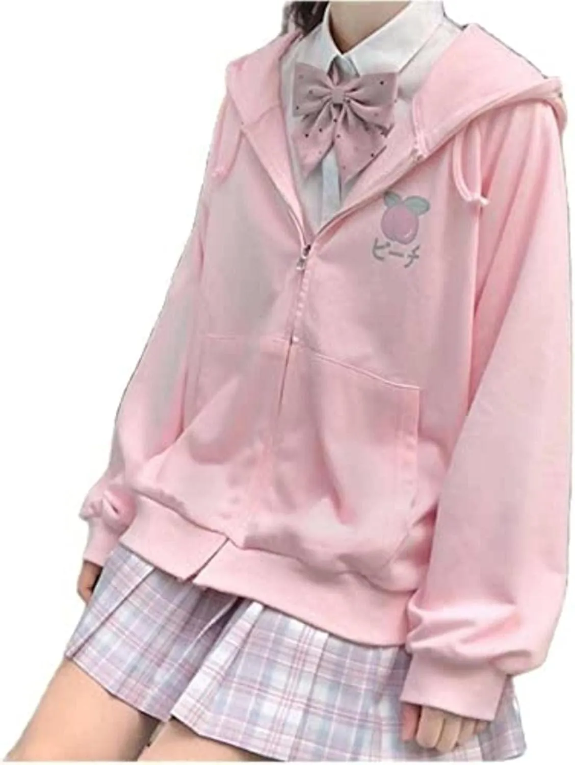 Harajuku Sweet Kawaii Hoodie Fruit Print Women's Loose Thin Zipper Sweater Girl Cute Pink Plus Size Clothes