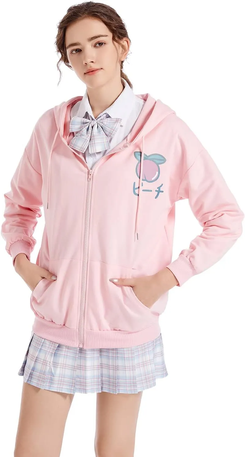 Harajuku Sweet Kawaii Hoodie Fruit Print Women's Loose Thin Zipper Sweater Girl Cute Pink Plus Size Clothes