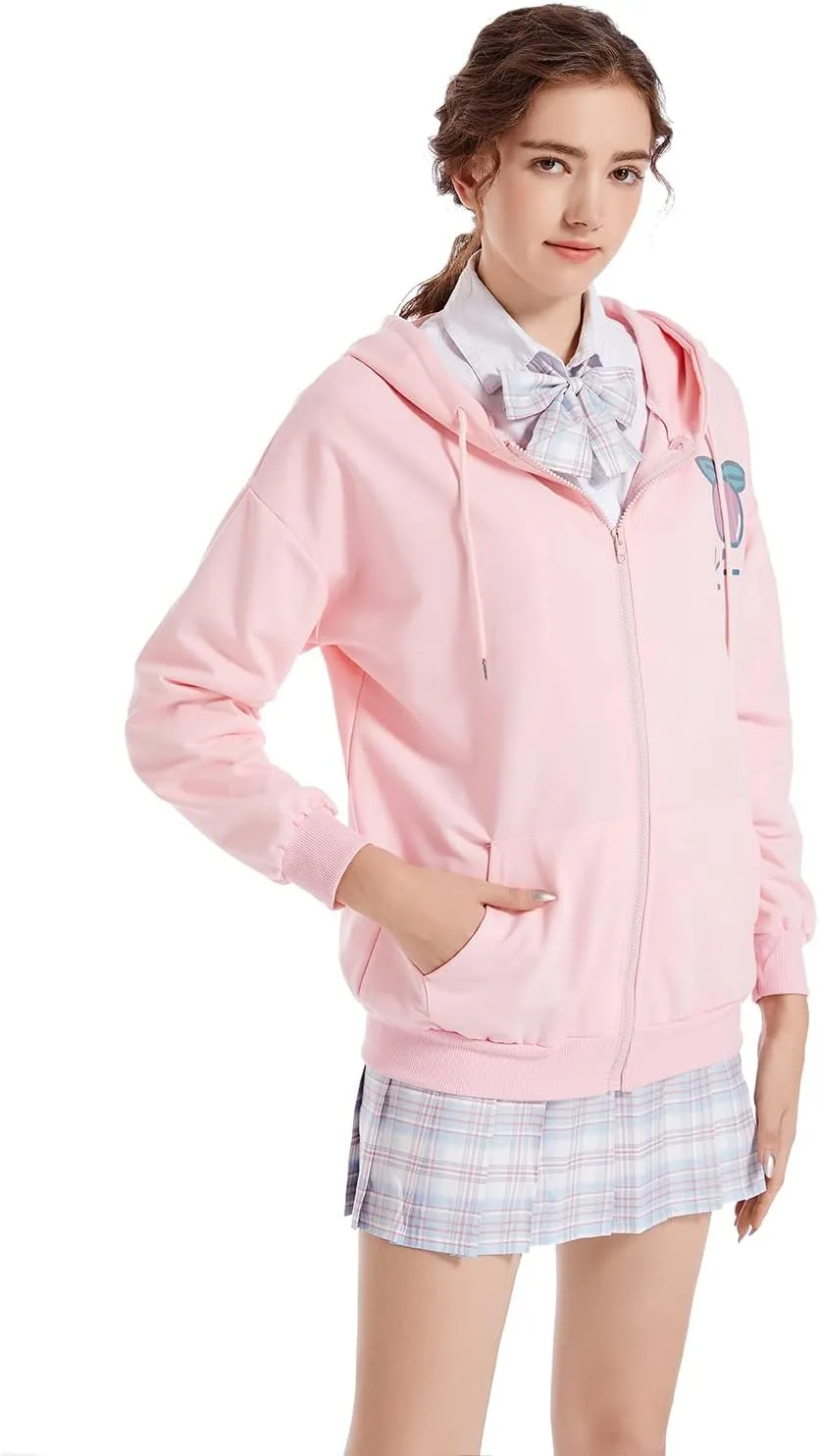 Harajuku Sweet Kawaii Hoodie Fruit Print Women's Loose Thin Zipper Sweater Girl Cute Pink Plus Size Clothes