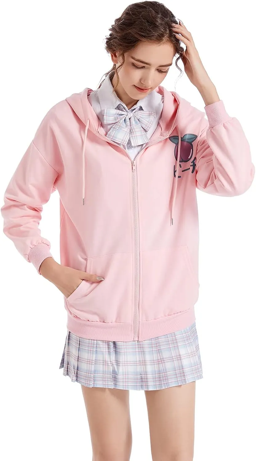 Harajuku Sweet Kawaii Hoodie Fruit Print Women's Loose Thin Zipper Sweater Girl Cute Pink Plus Size Clothes