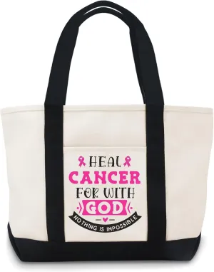 Heal Cancer For With God Nothing Will Be Impossible Funny Canvas Tote Bag With Zipper Lightweight Reusable Grocery Shopping Cloth Bags