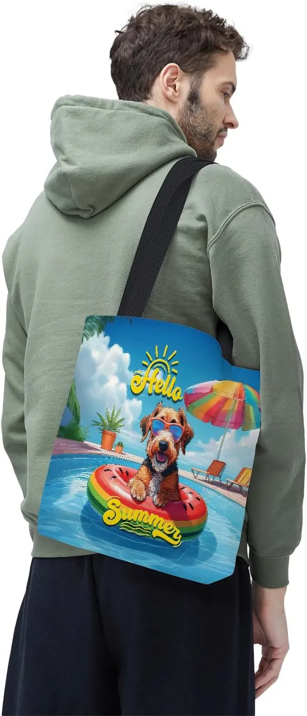 Hello Summer Dog Pool Day on Watermelon Float Canvas Tote Bag Reusable Shopping Grocery Bag